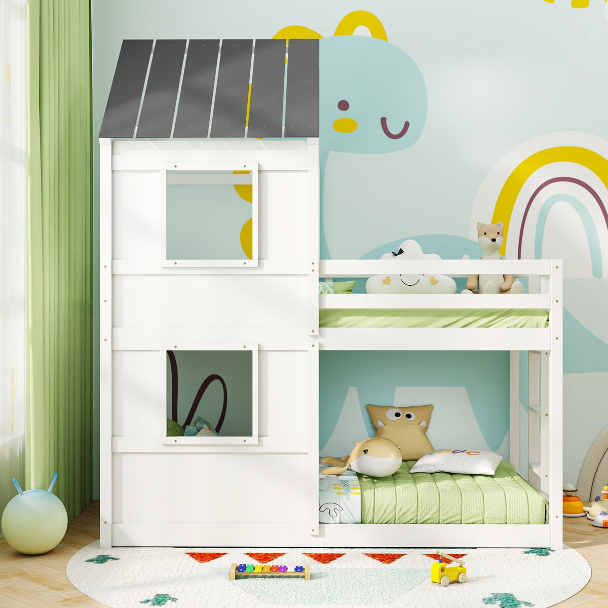 Wooden Twin Over Twin Bunk Bed with Full-length Safety Guardrail and Ladder-White and Gray-Toddler Beds-DECOROLALA