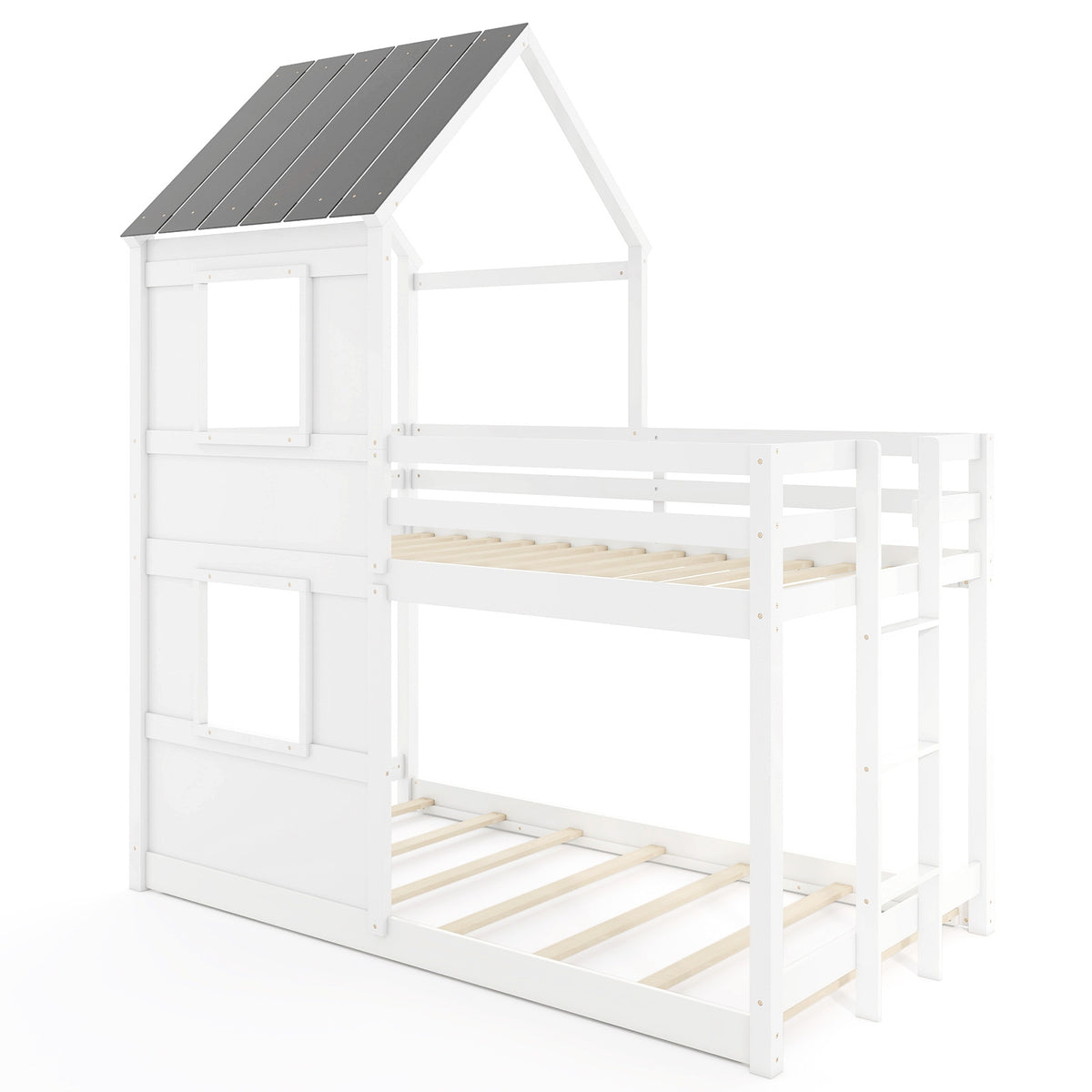 Wooden Twin Over Twin Bunk Bed with Full-length Safety Guardrail and Ladder-White and Gray-Toddler Beds-DECOROLALA