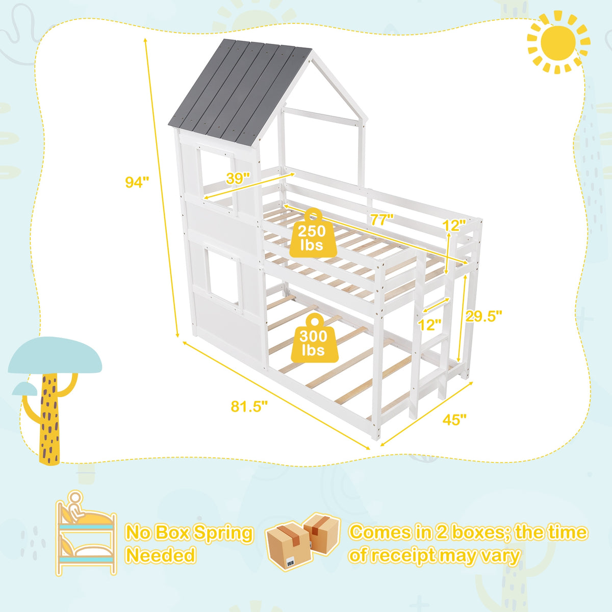 Wooden Twin Over Twin Bunk Bed with Full-length Safety Guardrail and Ladder-White and Gray-Toddler Beds-DECOROLALA