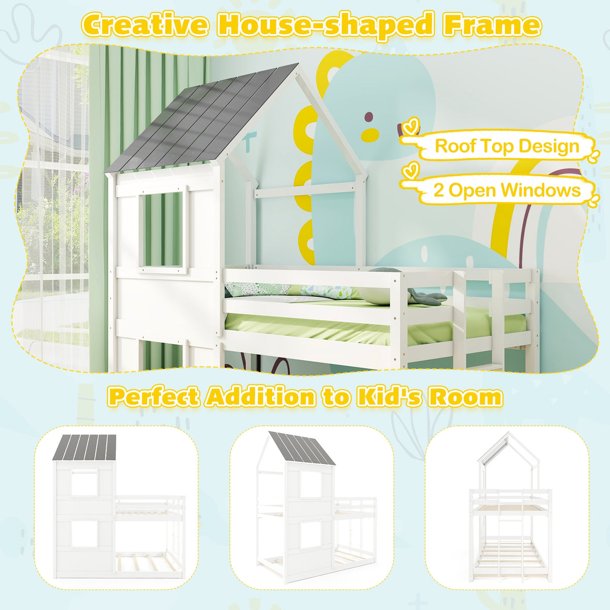 Wooden Twin Over Twin Bunk Bed with Full-length Safety Guardrail and Ladder-White and Gray-Toddler Beds-DECOROLALA