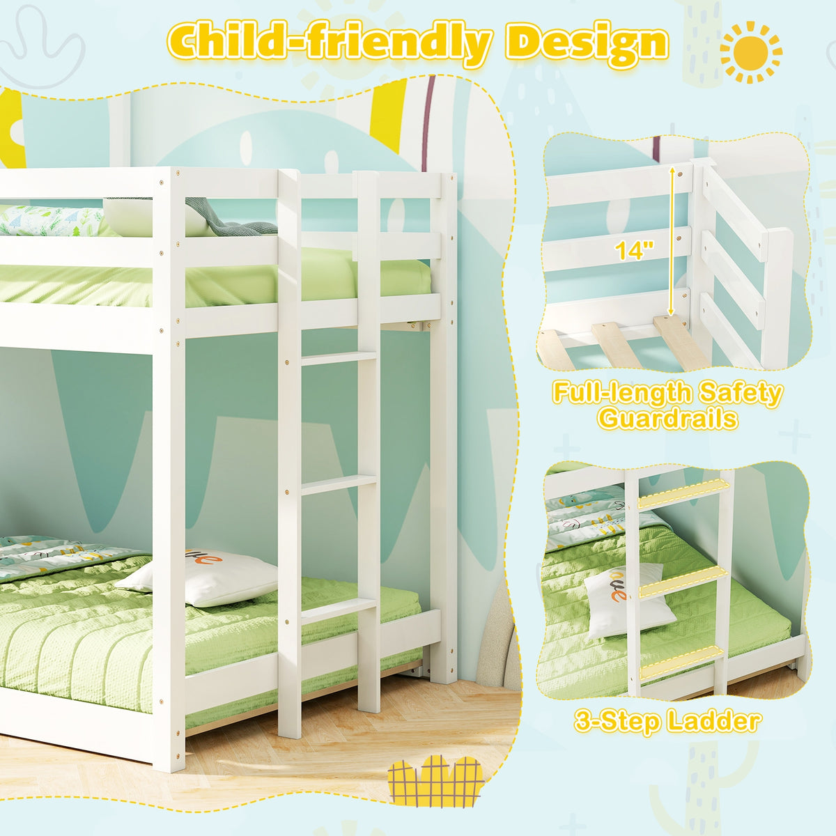 Wooden Twin Over Twin Bunk Bed with Full-length Safety Guardrail and Ladder-White and Gray-Toddler Beds-DECOROLALA