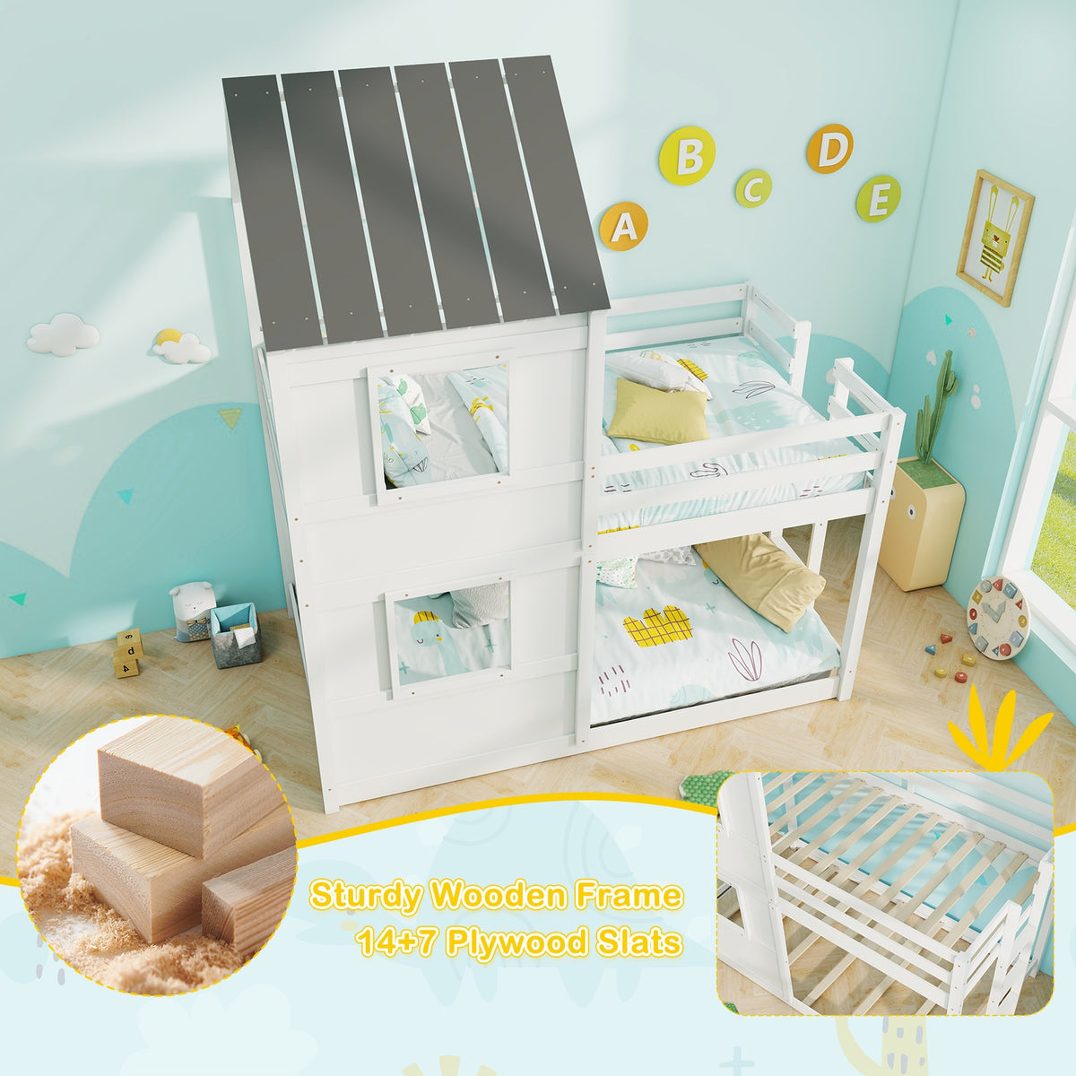 Wooden Twin Over Twin Bunk Bed with Full-length Safety Guardrail and Ladder-White and Gray-Toddler Beds-DECOROLALA