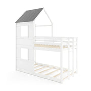 Wooden Twin Over Twin Bunk Bed with Full-length Safety Guardrail and Ladder-White and Gray-Toddler Beds-DECOROLALA