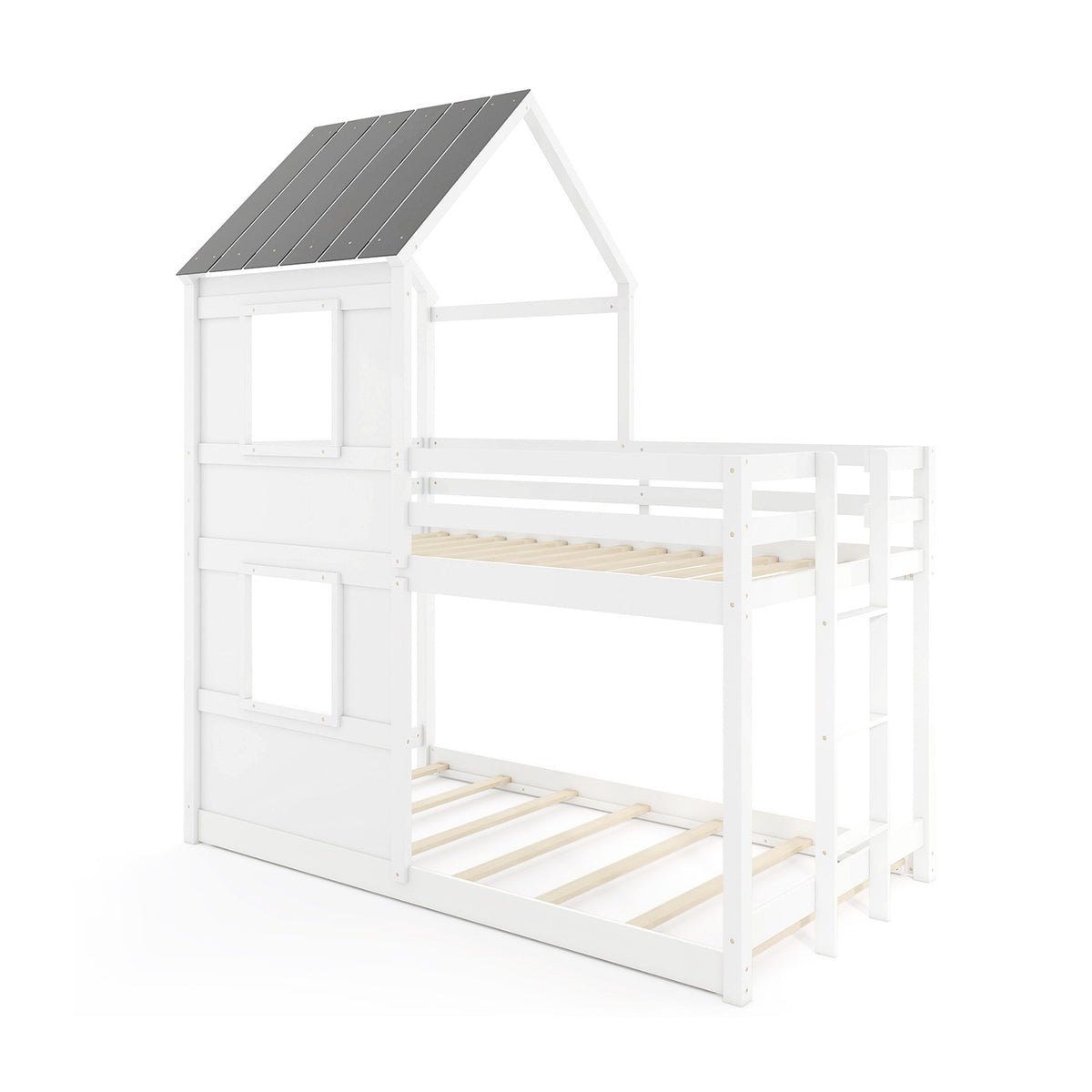 Wooden Twin Over Twin Bunk Bed with Full-length Safety Guardrail and Ladder-White and Gray-Toddler Beds-DECOROLALA