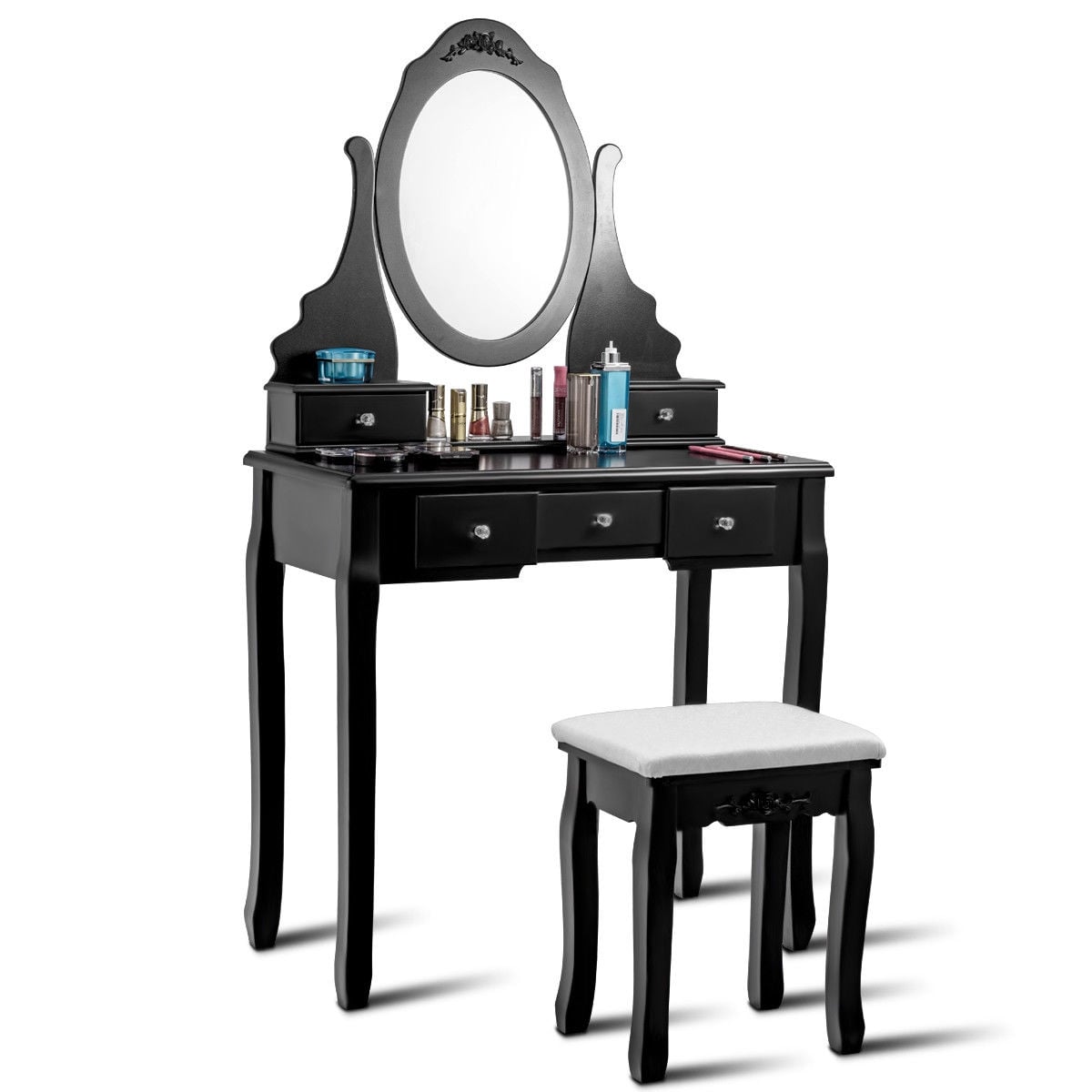 Wooden Vanity Set with 360° Rotating Oval Mirror and Cushioned Stool-Black-Makeup Vanities-DECOROLALA