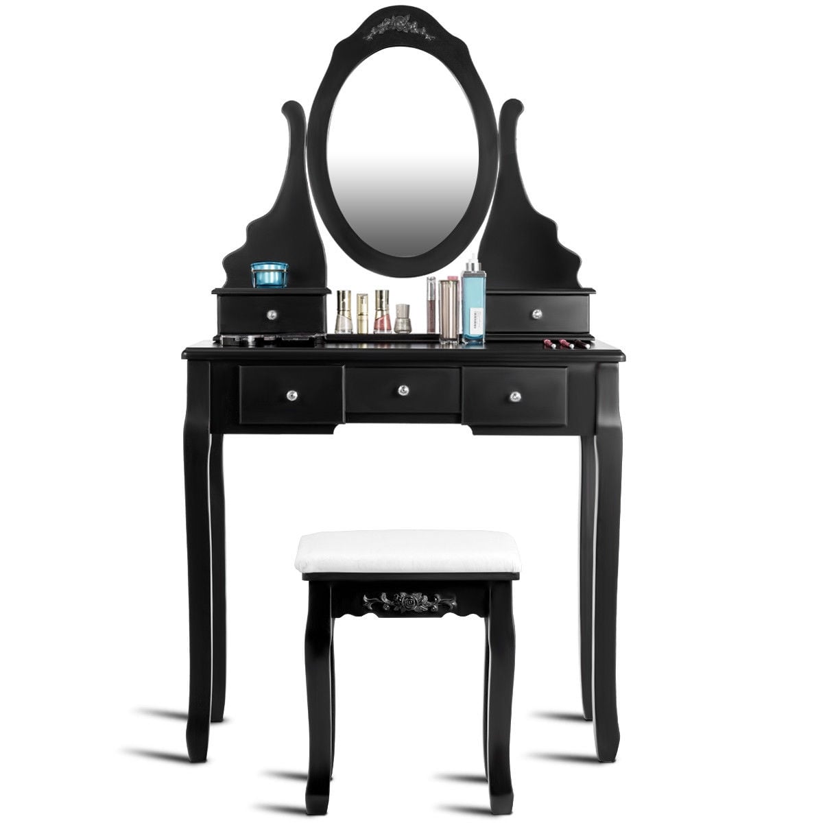 Wooden Vanity Set with 360° Rotating Oval Mirror and Cushioned Stool-Black-Makeup Vanities-DECOROLALA