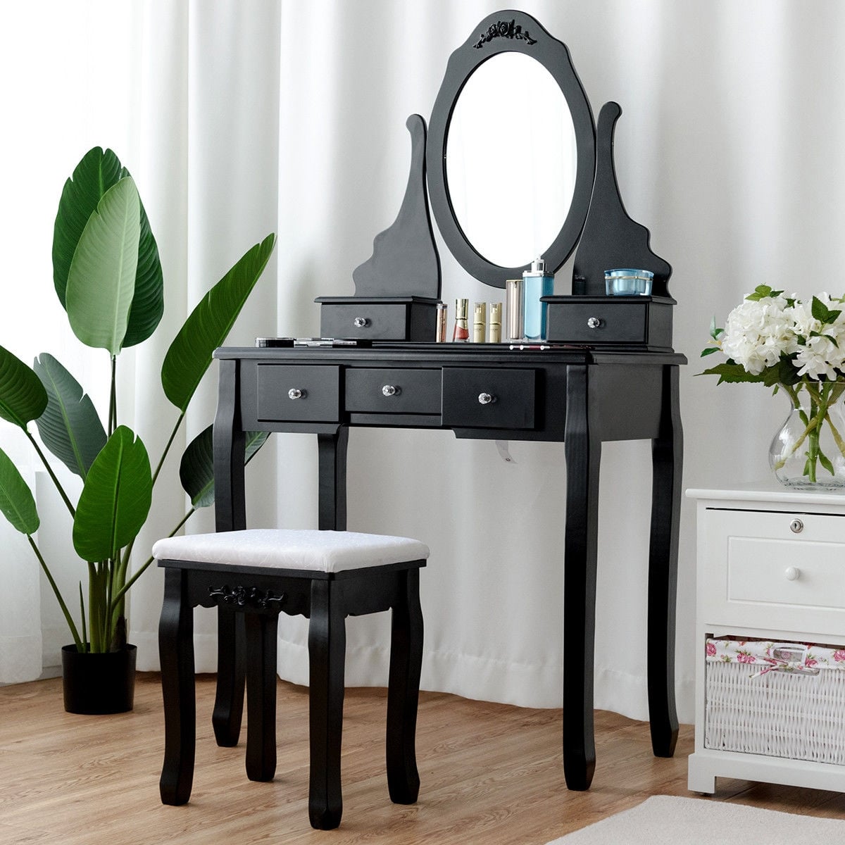 Wooden Vanity Set with 360° Rotating Oval Mirror and Cushioned Stool-Black-Makeup Vanities-DECOROLALA