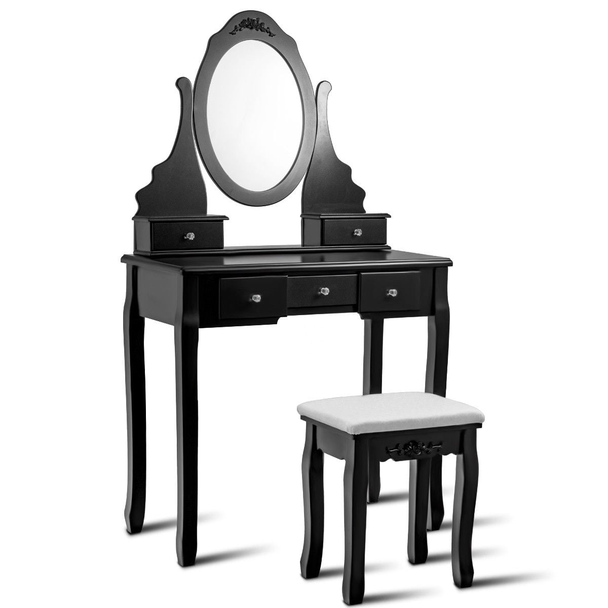 Wooden Vanity Set with 360° Rotating Oval Mirror and Cushioned Stool-Black-Makeup Vanities-DECOROLALA