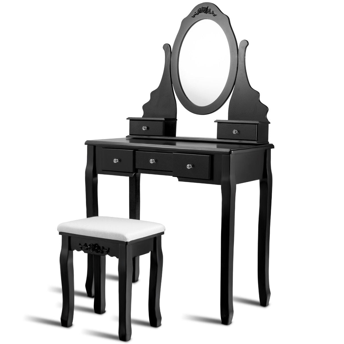 Wooden Vanity Set with 360° Rotating Oval Mirror and Cushioned Stool-Black-Makeup Vanities-DECOROLALA