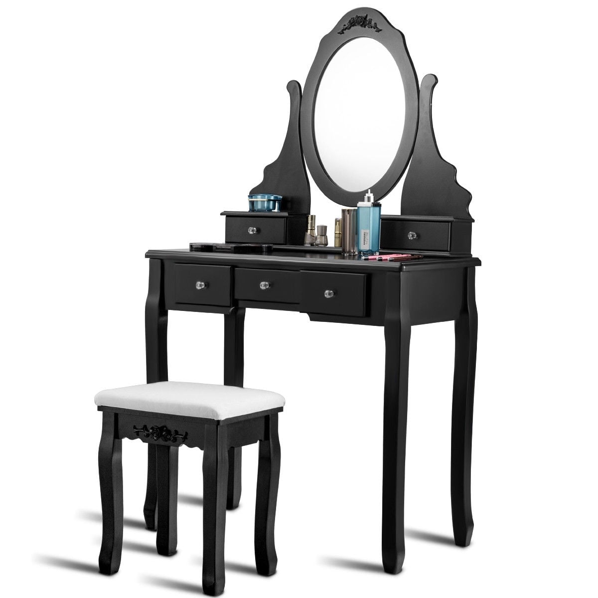 Wooden Vanity Set with 360° Rotating Oval Mirror and Cushioned Stool-Black-Makeup Vanities-DECOROLALA