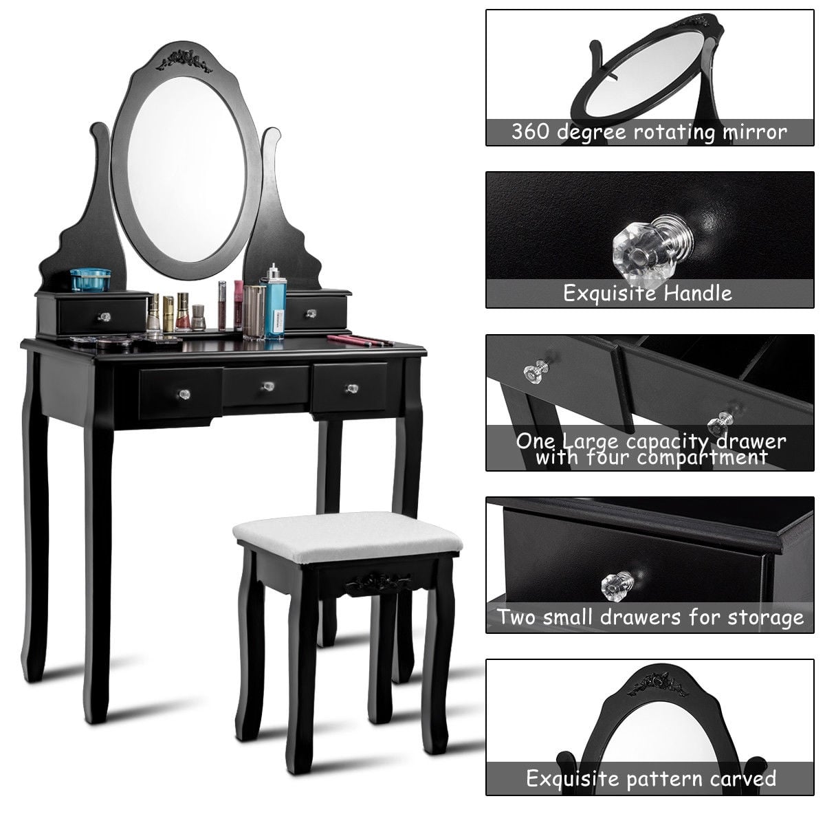 Wooden Vanity Set with 360° Rotating Oval Mirror and Cushioned Stool-Black-Makeup Vanities-DECOROLALA