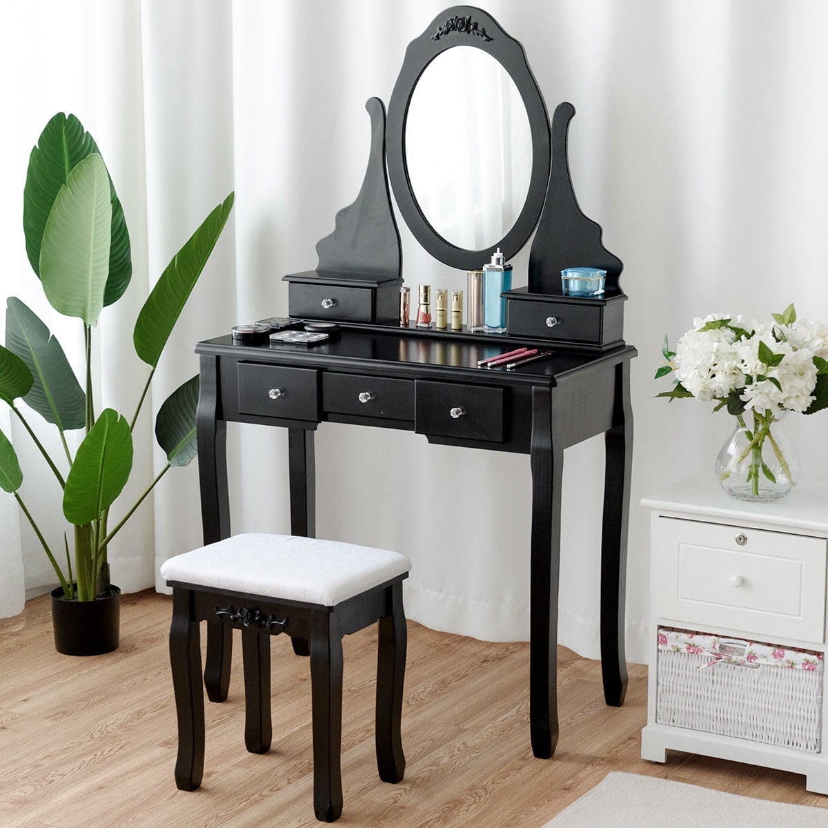 Wooden Vanity Set with 360° Rotating Oval Mirror and Cushioned Stool-Black-Makeup Vanities-DECOROLALA