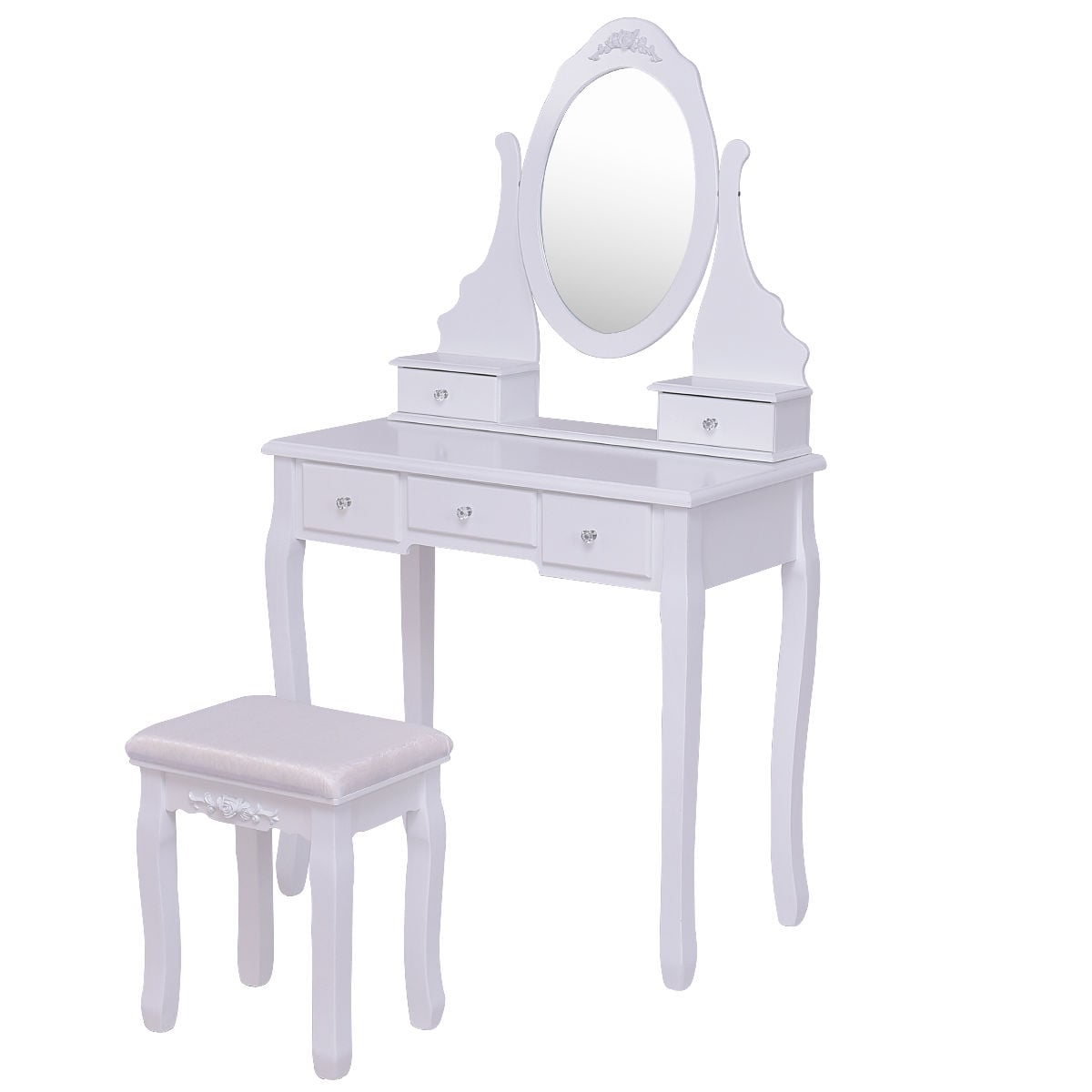Wooden Vanity Set with 360° Rotating Oval Mirror and Cushioned Stool-White-Makeup Vanities-DECOROLALA