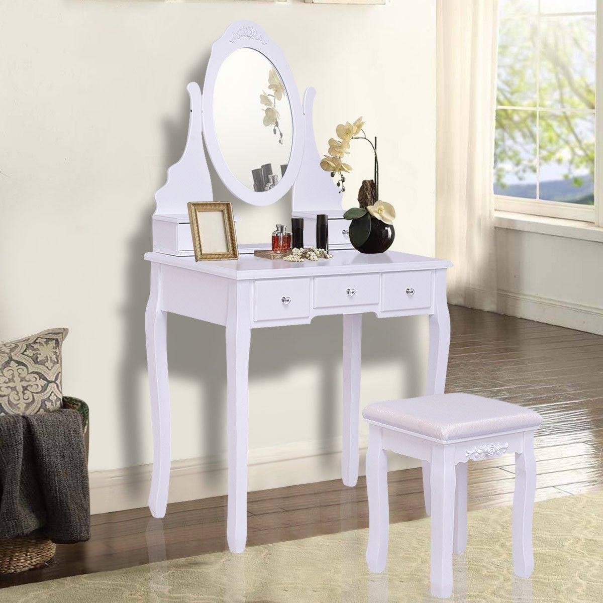 Wooden Vanity Set with 360° Rotating Oval Mirror and Cushioned Stool-White-Makeup Vanities-DECOROLALA