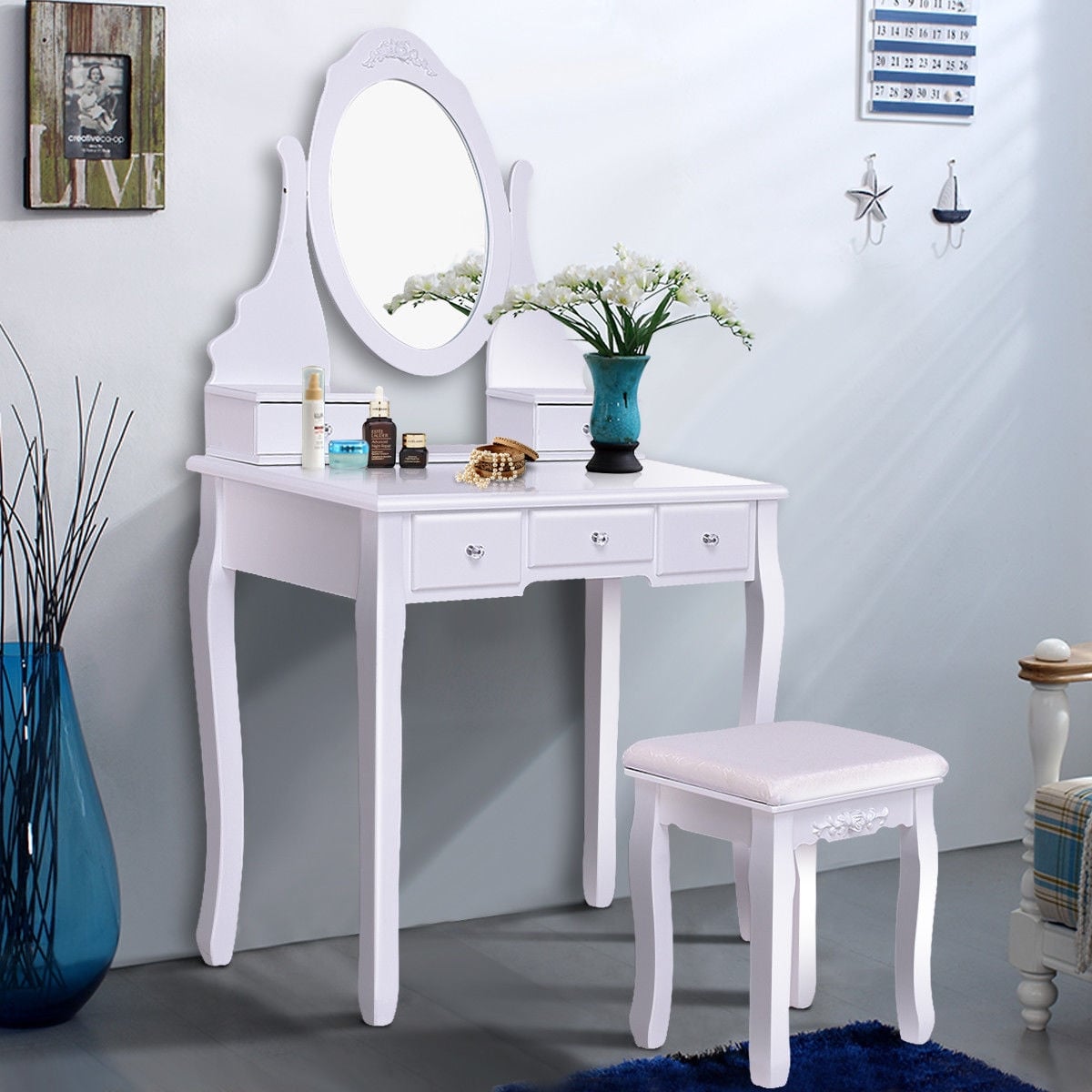 Wooden Vanity Set with 360° Rotating Oval Mirror and Cushioned Stool-White-Makeup Vanities-DECOROLALA