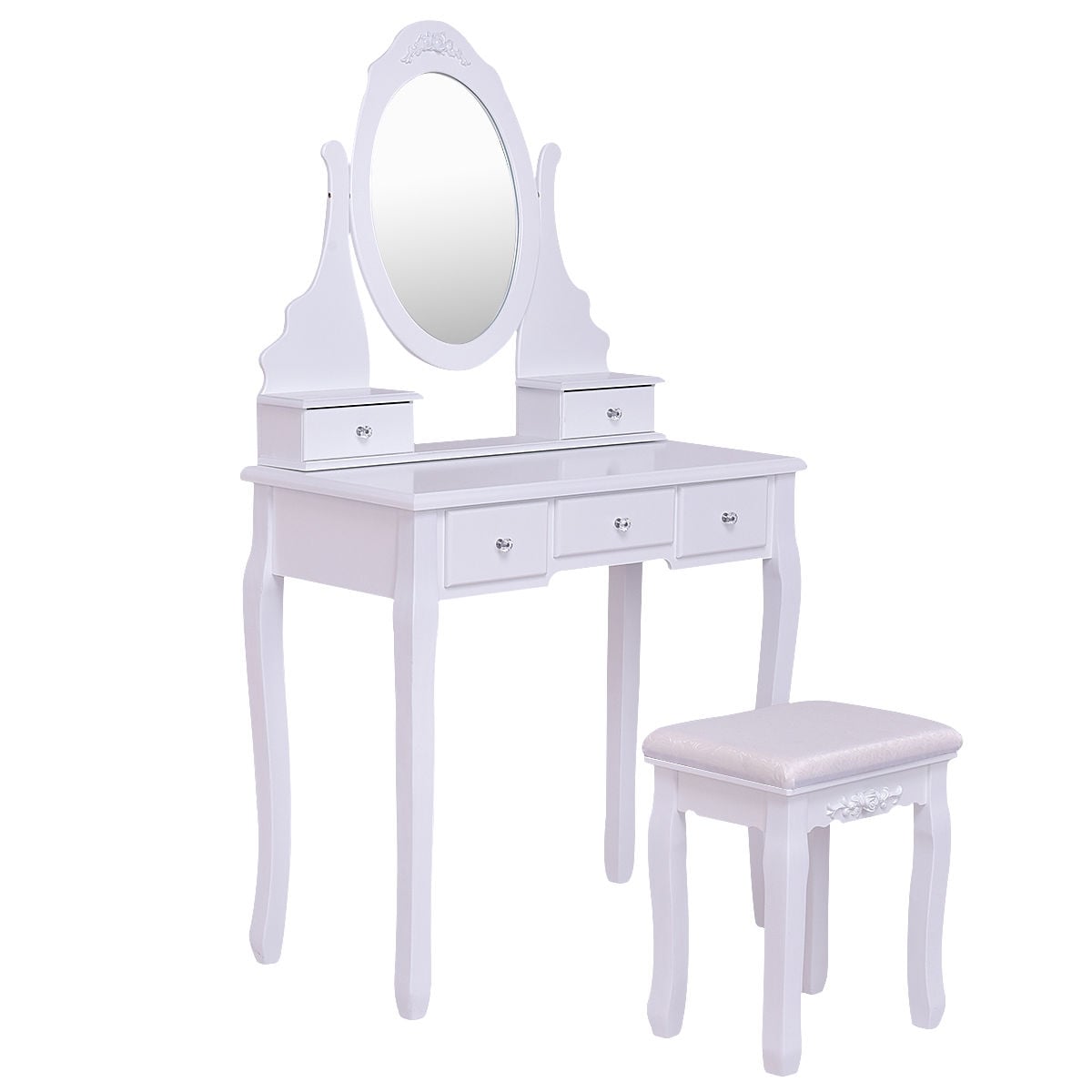 Wooden Vanity Set with 360° Rotating Oval Mirror and Cushioned Stool-White-Makeup Vanities-DECOROLALA