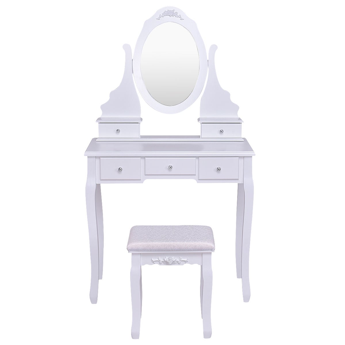 Wooden Vanity Set with 360° Rotating Oval Mirror and Cushioned Stool-White-Makeup Vanities-DECOROLALA