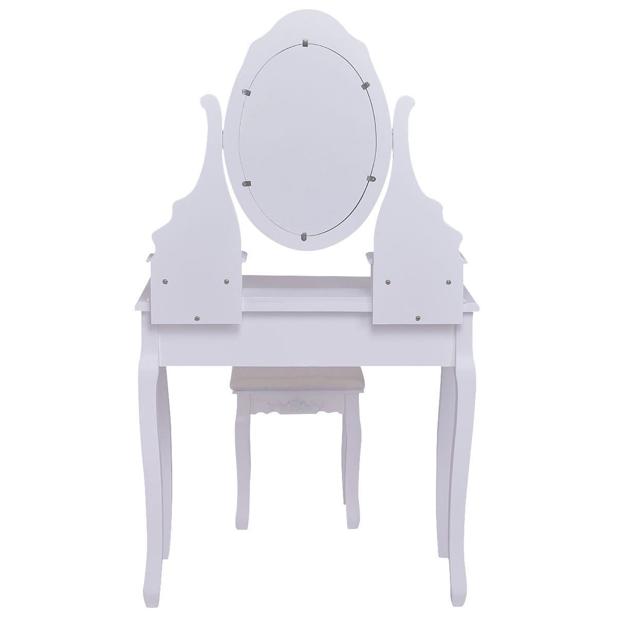 Wooden Vanity Set with 360° Rotating Oval Mirror and Cushioned Stool-White-Makeup Vanities-DECOROLALA