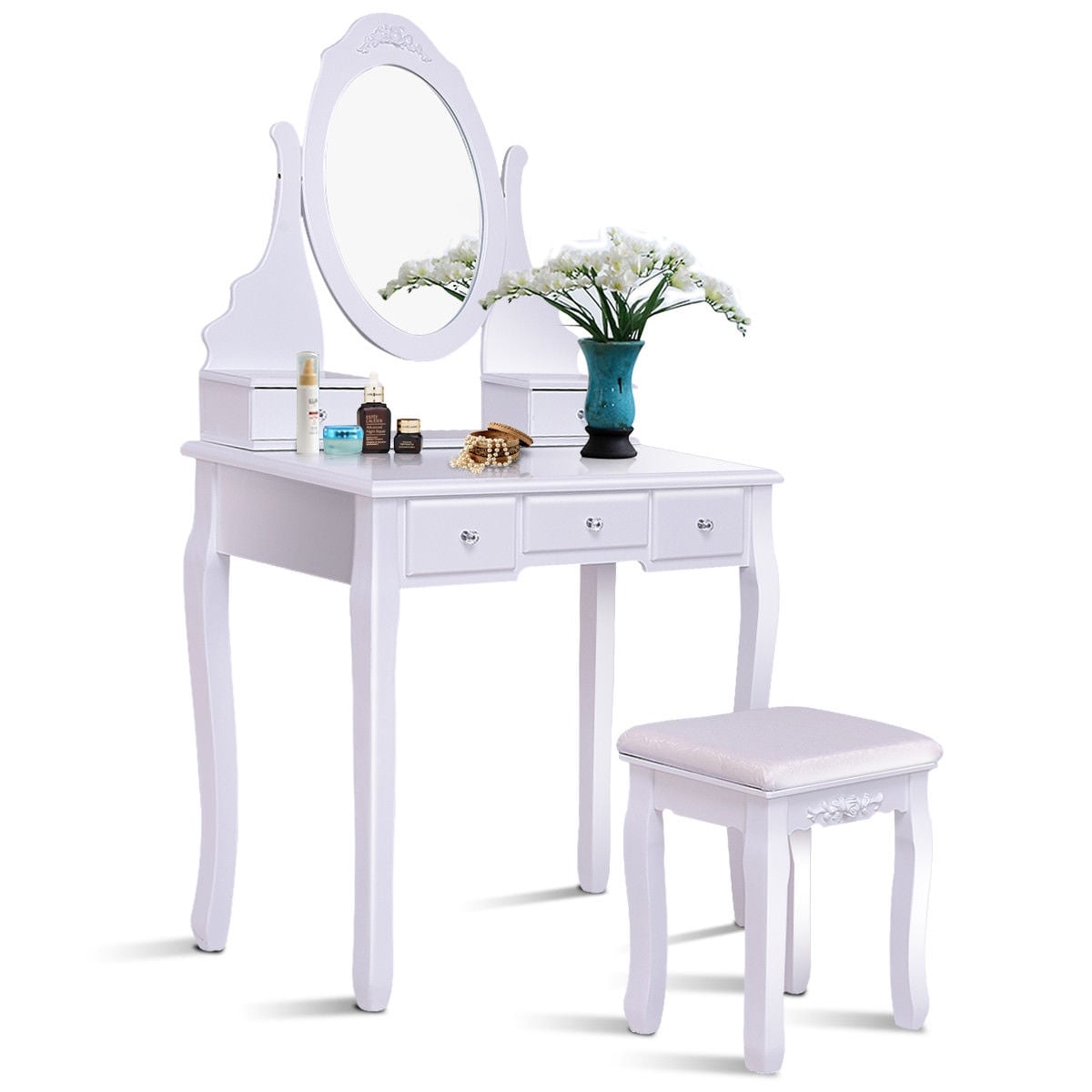 Wooden Vanity Set with 360° Rotating Oval Mirror and Cushioned Stool-White-Makeup Vanities-DECOROLALA