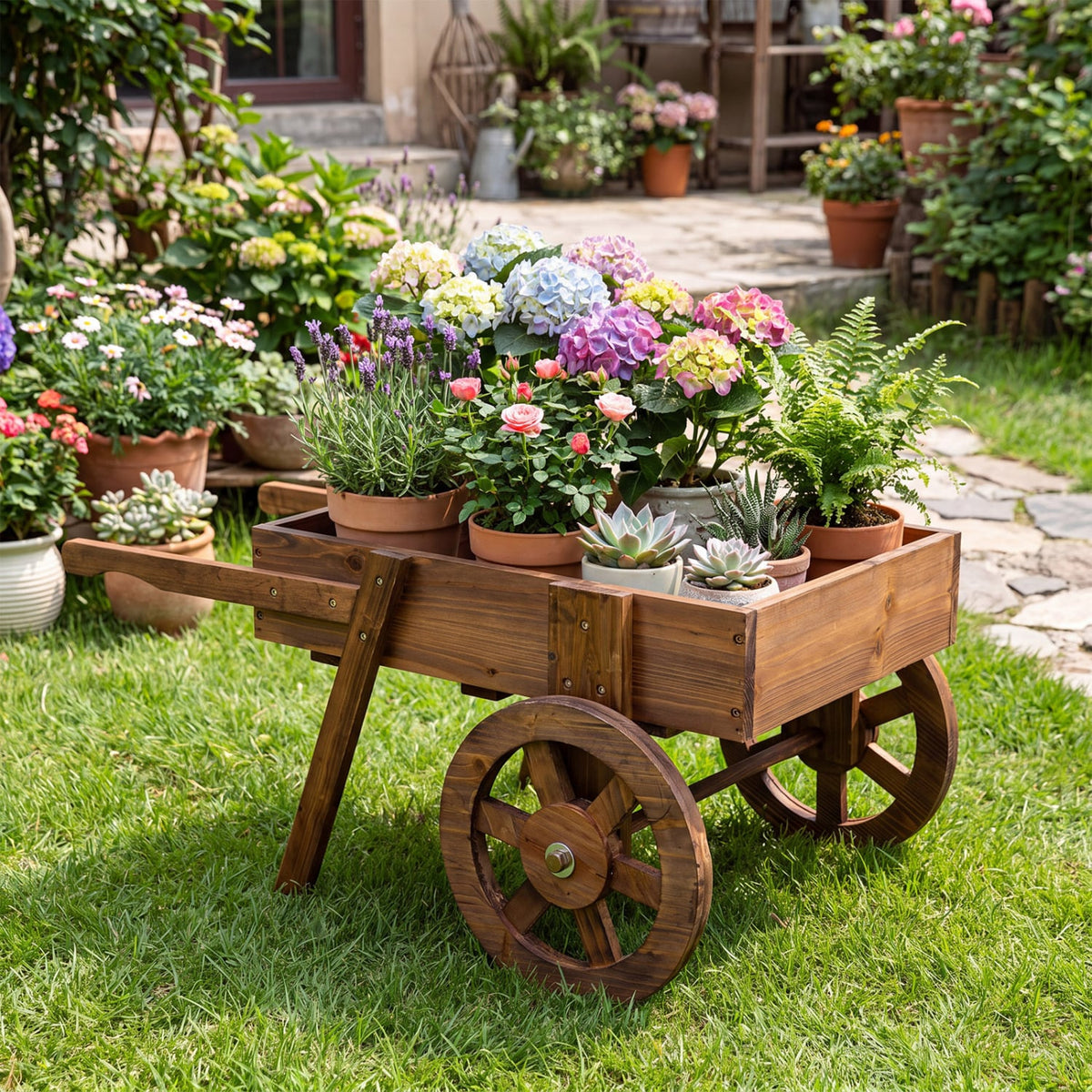 Wooden Wagon Planter with Wheels for Indoor and Outdoor Use-Brown-Raised Garden Beds-DECOROLALA