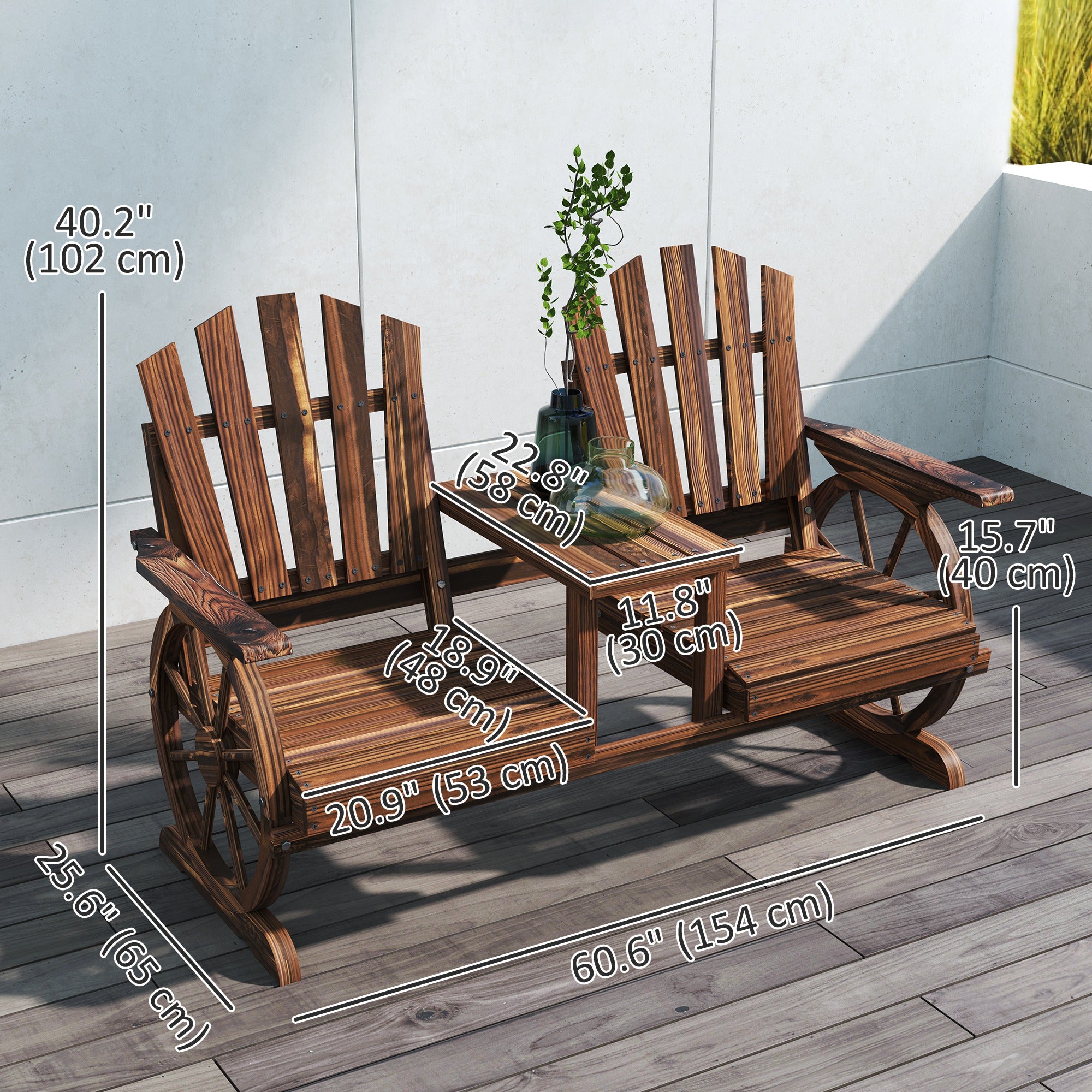 Wooden Wagon Wheel Loveseat with Table, Carbonized Fir Outdoor Bench-DECOROLALA