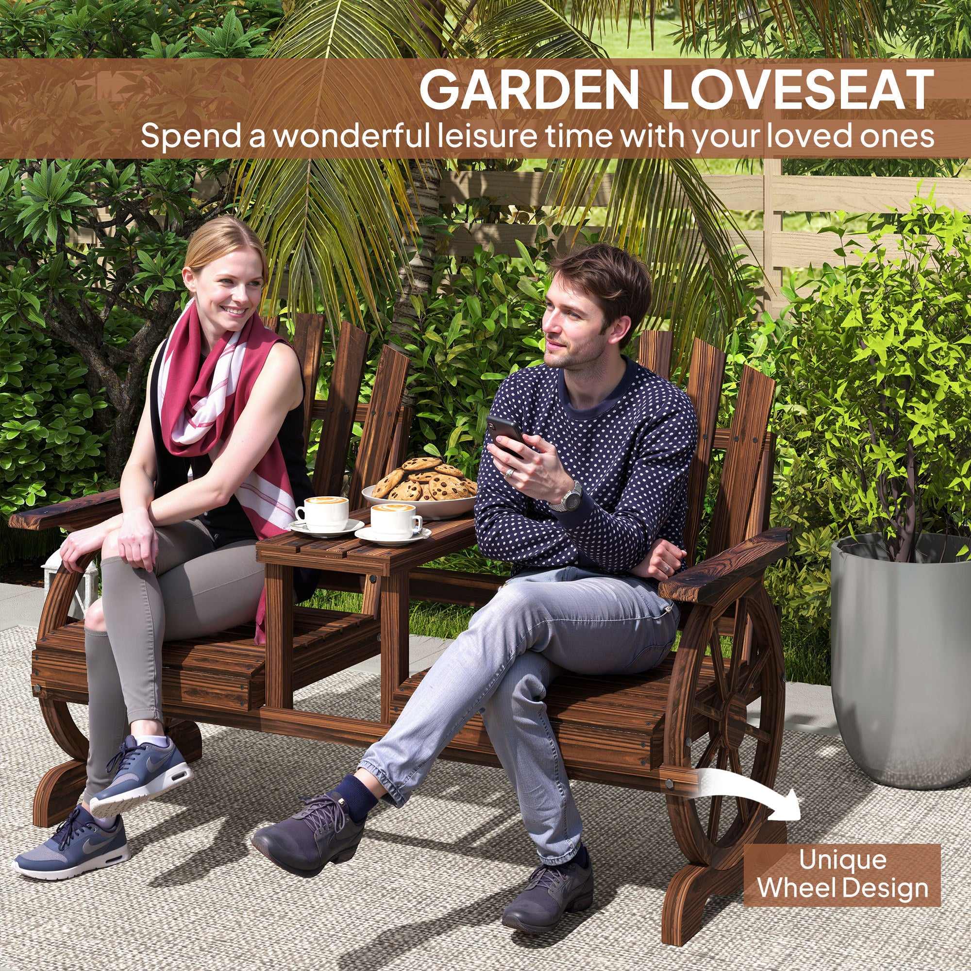 Wooden Wagon Wheel Loveseat with Table, Carbonized Fir Outdoor Bench-DECOROLALA