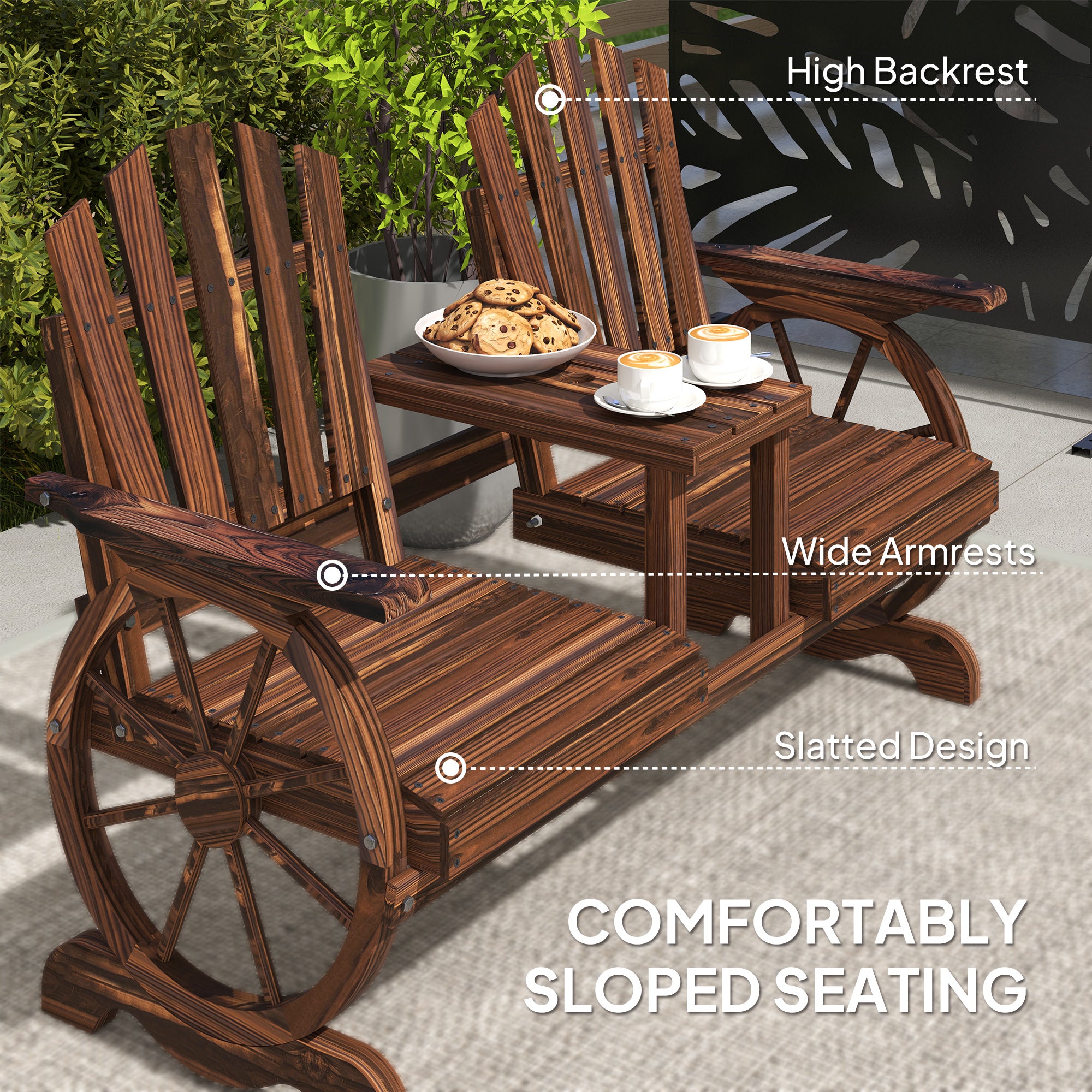 Wooden Wagon Wheel Loveseat with Table, Carbonized Fir Outdoor Bench-DECOROLALA