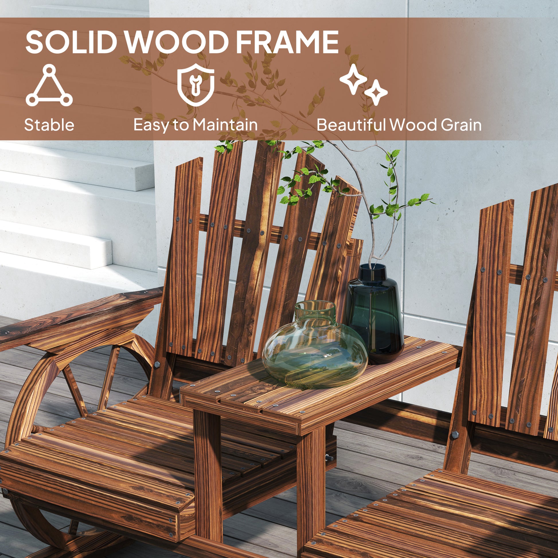 Wooden Wagon Wheel Loveseat with Table, Carbonized Fir Outdoor Bench-DECOROLALA