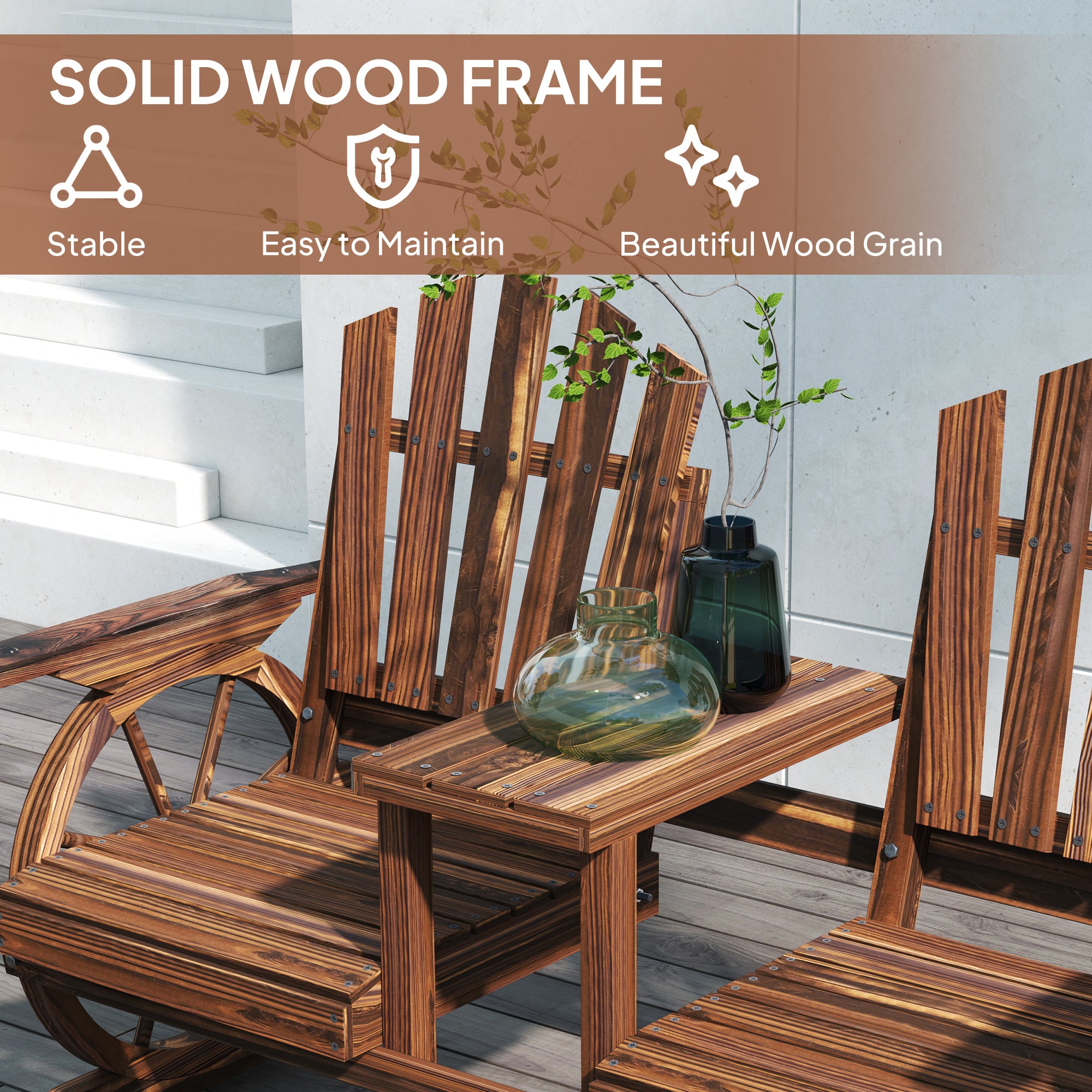 Wooden Wagon Wheel Loveseat with Table, Carbonized Fir Outdoor Bench-DECOROLALA