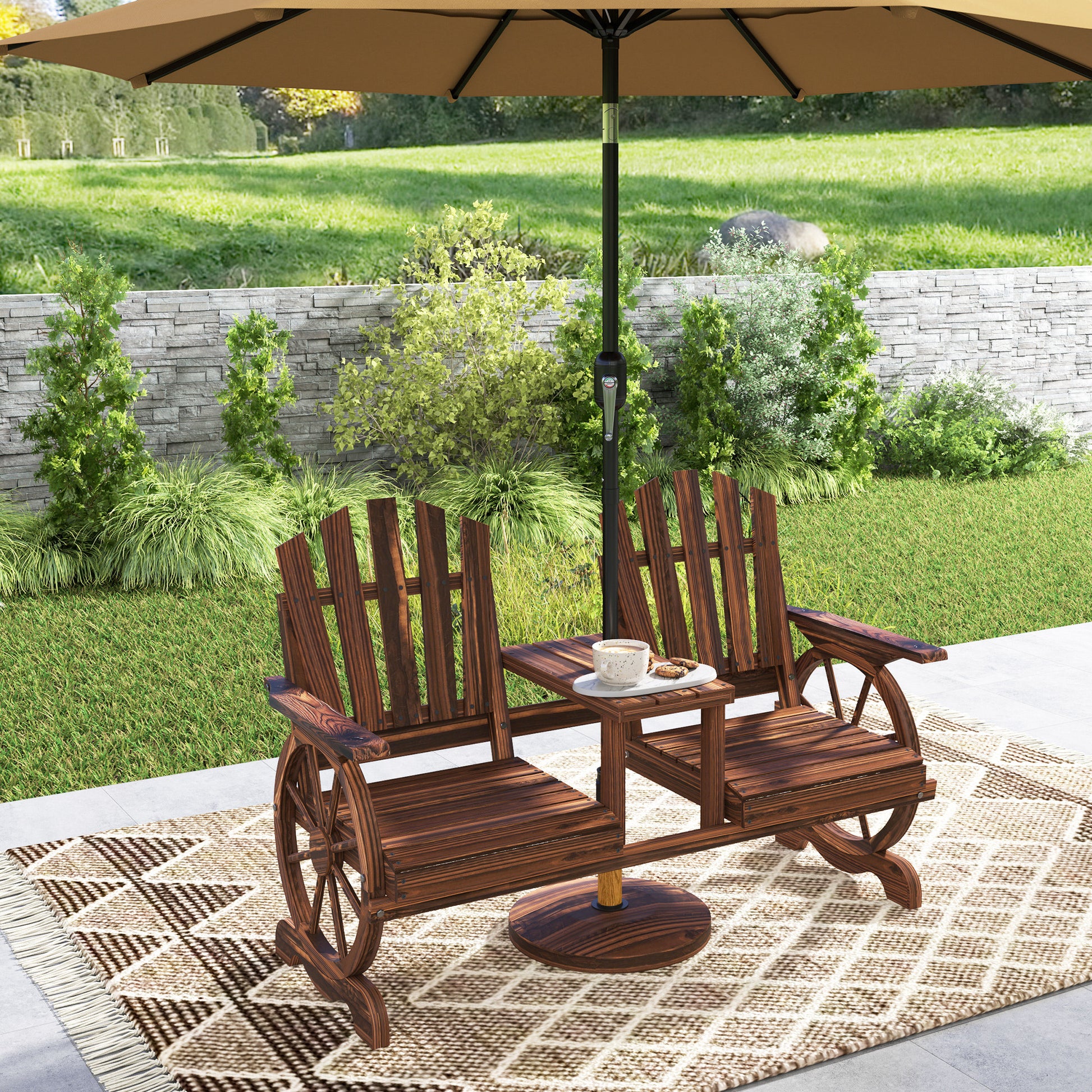 Wooden Wagon Wheel Loveseat with Table, Carbonized Fir Outdoor Bench-DECOROLALA