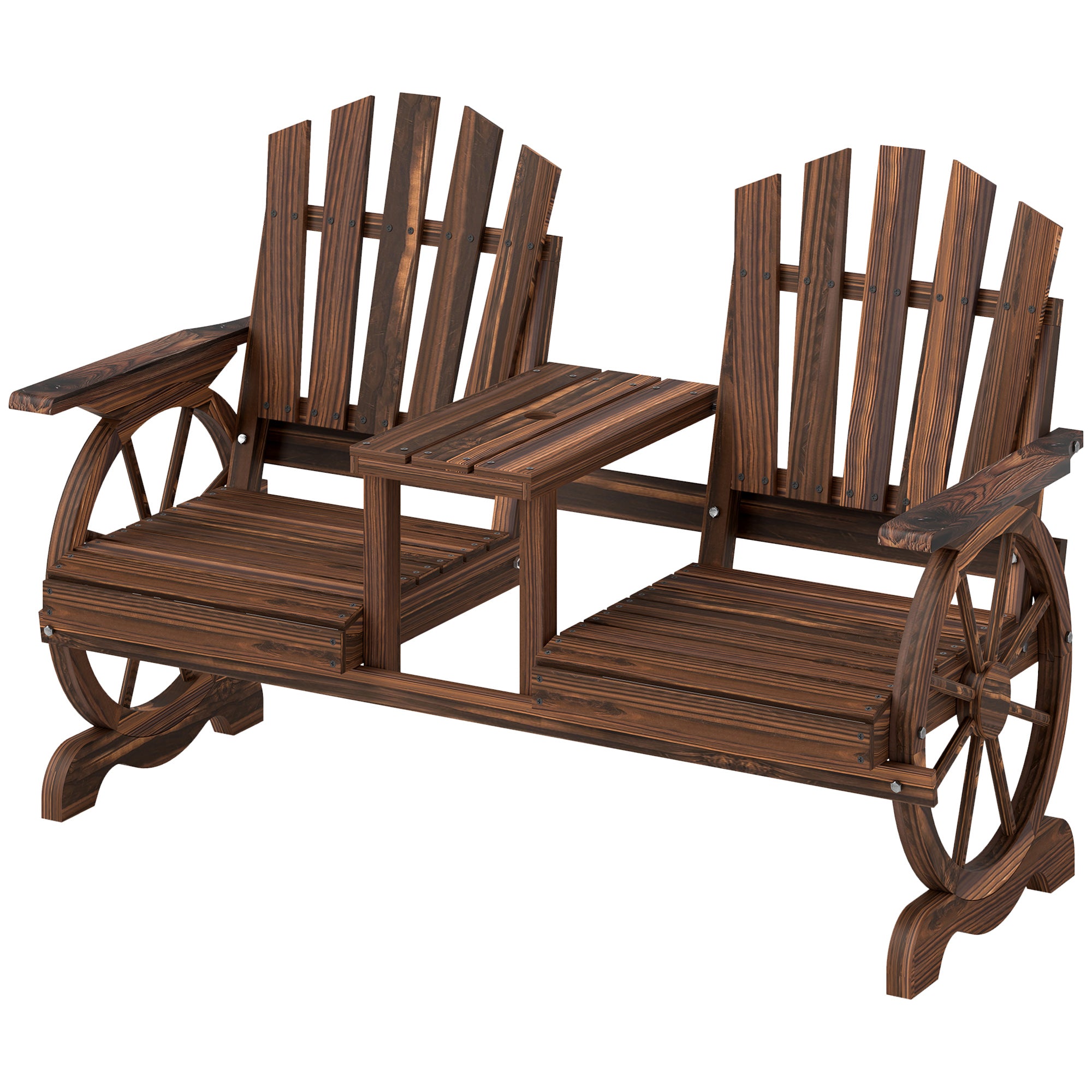 Wooden Wagon Wheel Loveseat with Table, Carbonized Fir Outdoor Bench-DECOROLALA
