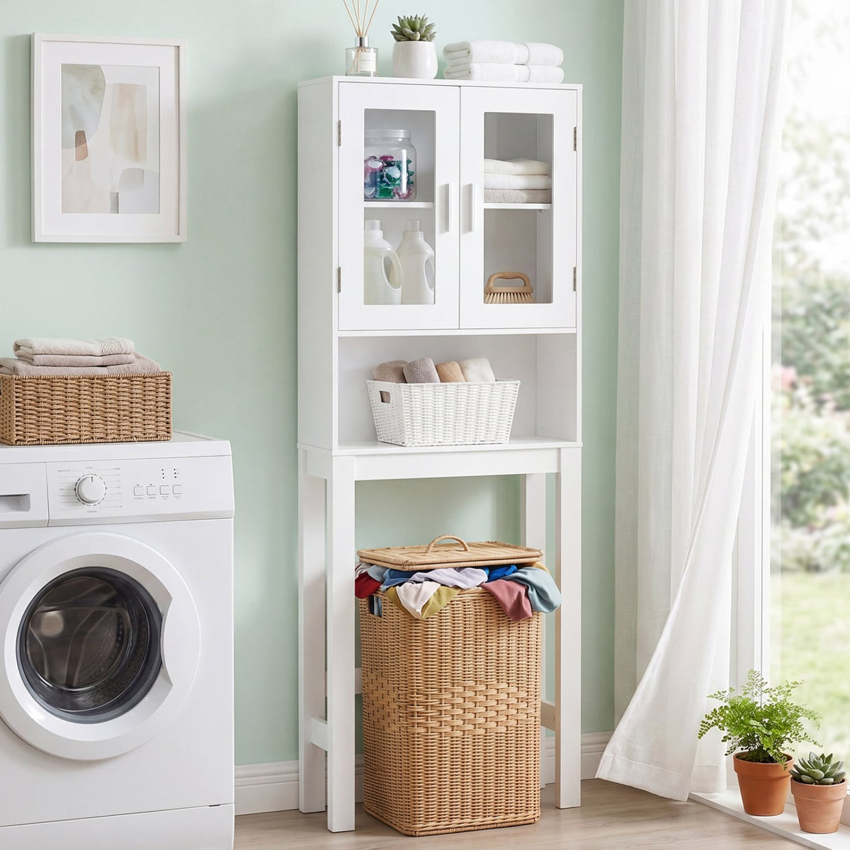 Wooden over the toilet Storage Cabinet with Tower Rack-Over the Toilet Storage-DECOROLALA