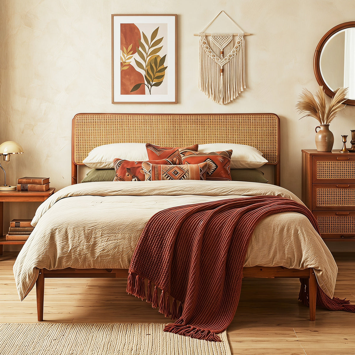 Wooden Boho Rattan Brown Bed Frame with Wooden Slat Support-Simple Bed Frame-DECOROLALA
