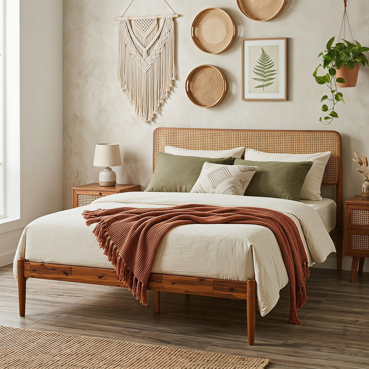 Wooden Boho Rattan Brown Bed Frame with Wooden Slat Support-Simple Bed Frame-DECOROLALA