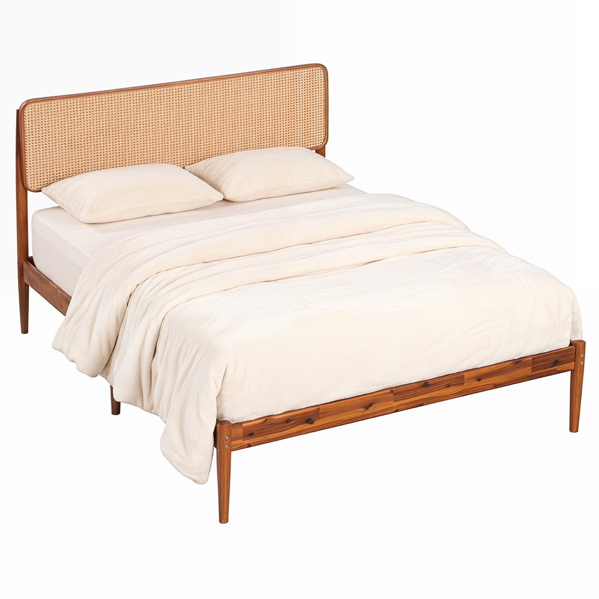 Wooden Boho Rattan Brown Bed Frame with Wooden Slat Support-Simple Bed Frame-DECOROLALA