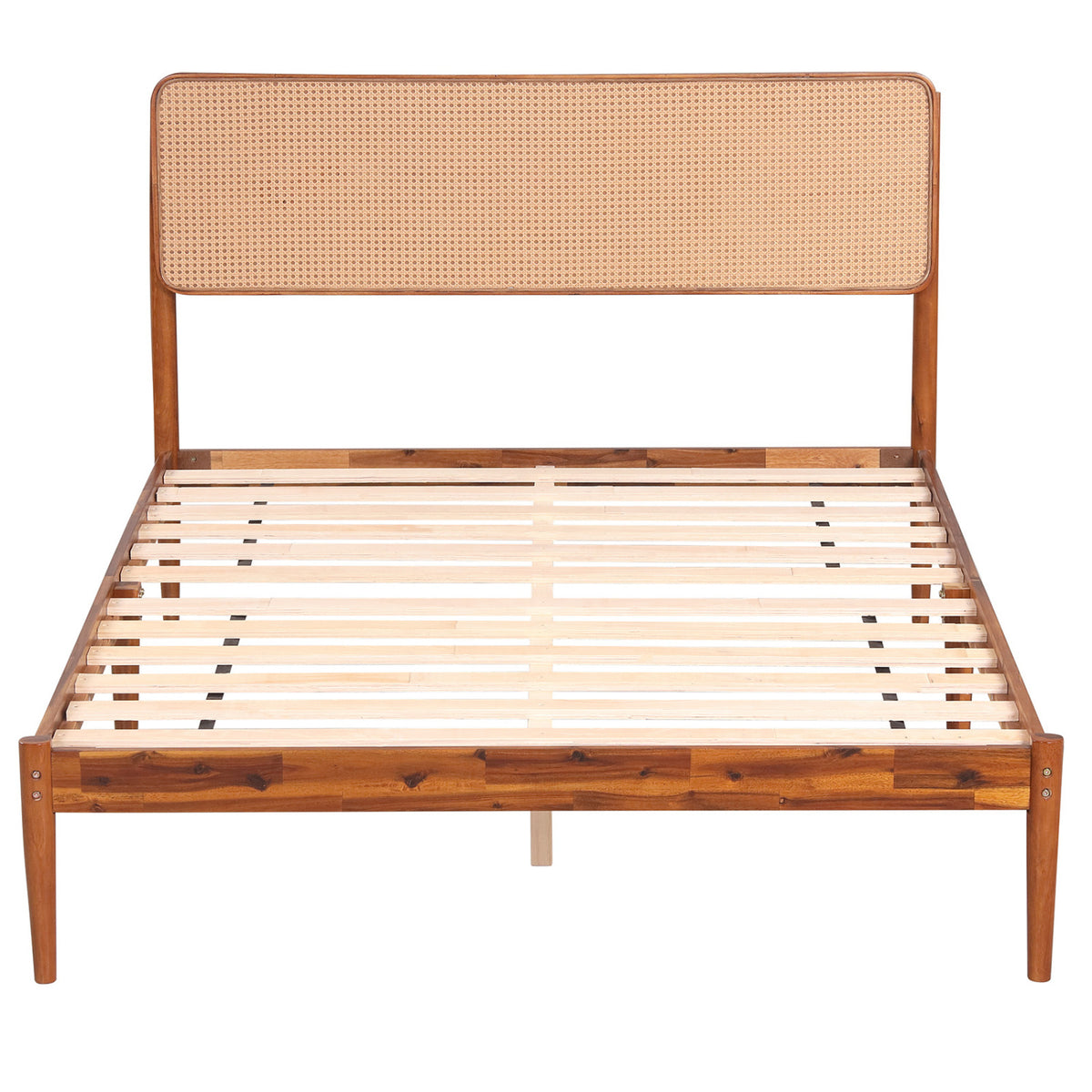 Wooden Boho Rattan Brown Bed Frame with Wooden Slat Support-Simple Bed Frame-DECOROLALA