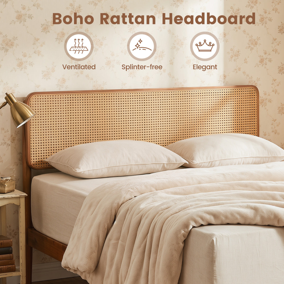 Wooden Boho Rattan Brown Bed Frame with Wooden Slat Support-Simple Bed Frame-DECOROLALA