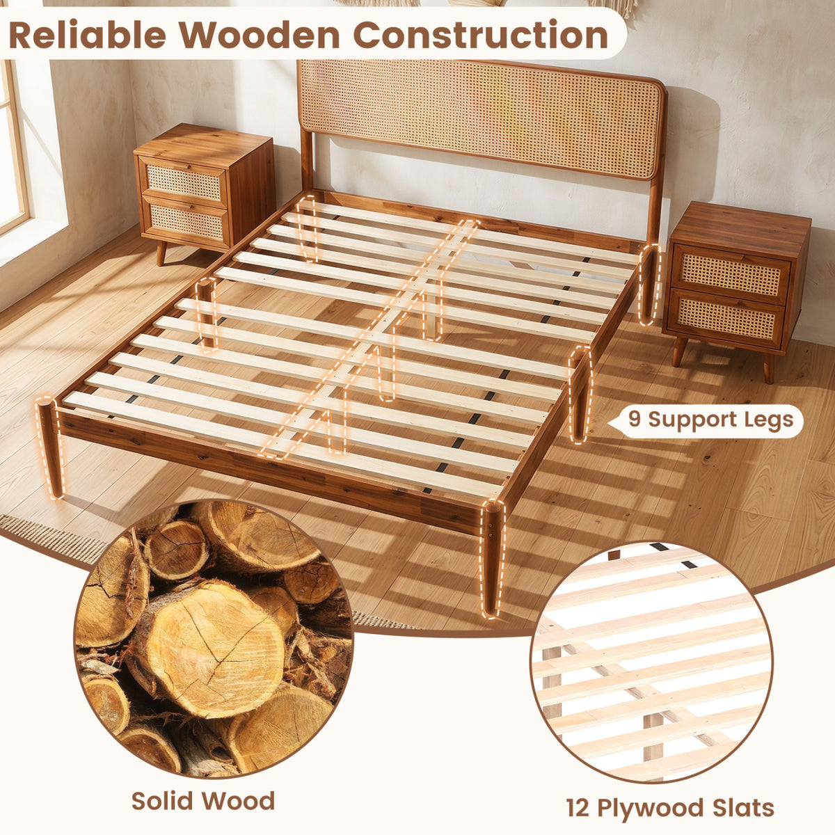 Wooden Boho Rattan Brown Bed Frame with Wooden Slat Support-Simple Bed Frame-DECOROLALA