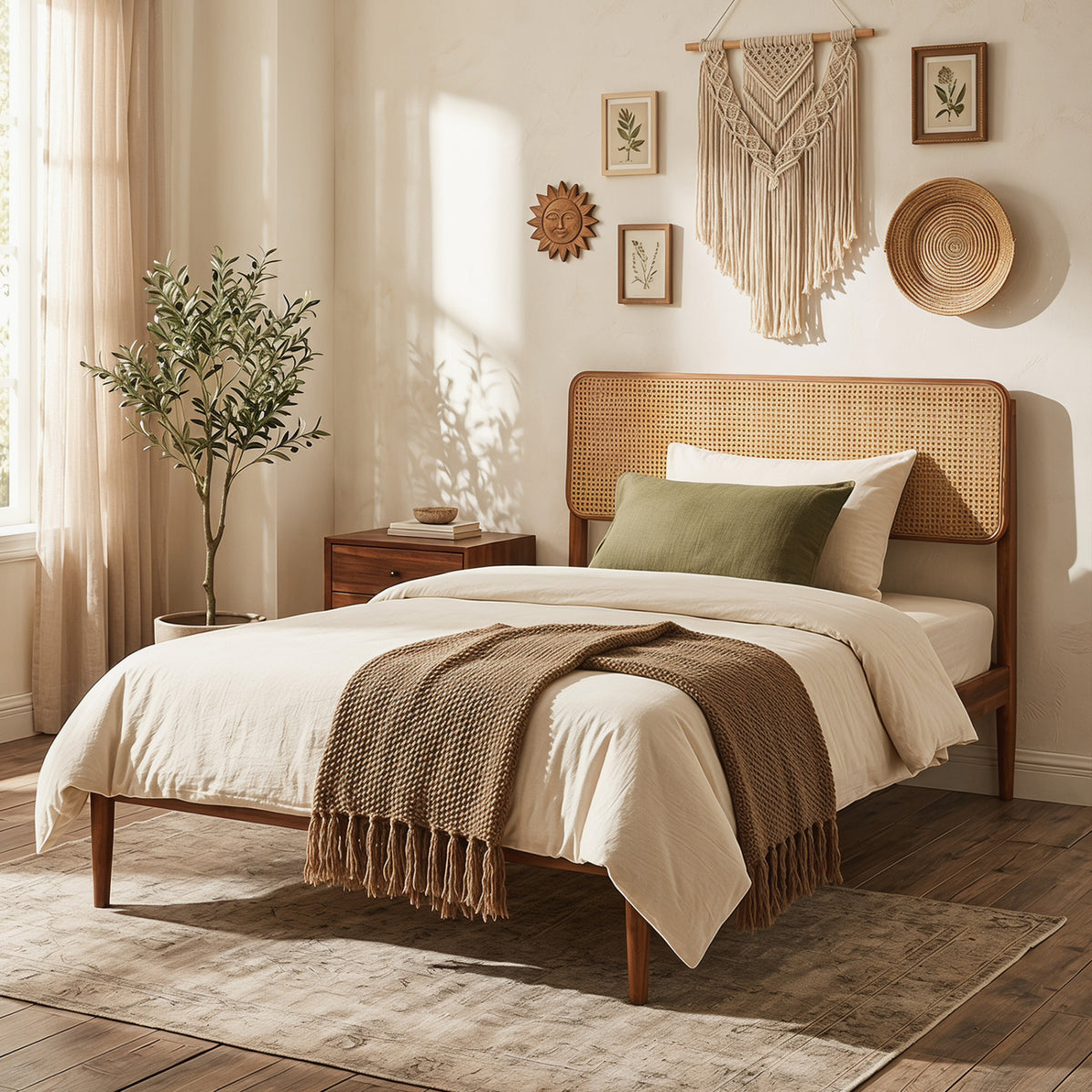 Wooden Boho Rattan Brown Bed Frame with Wooden Slat Support-Simple Bed Frame-DECOROLALA