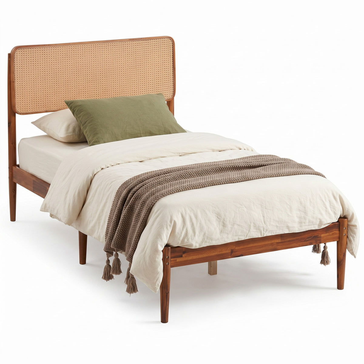 Wooden Boho Rattan Brown Bed Frame with Wooden Slat Support-Simple Bed Frame-DECOROLALA