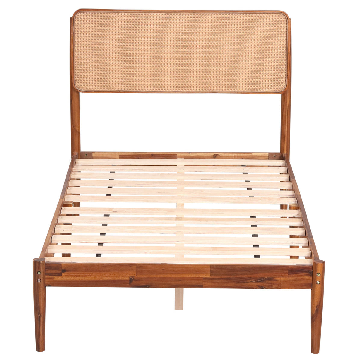 Wooden Boho Rattan Brown Bed Frame with Wooden Slat Support-Simple Bed Frame-DECOROLALA