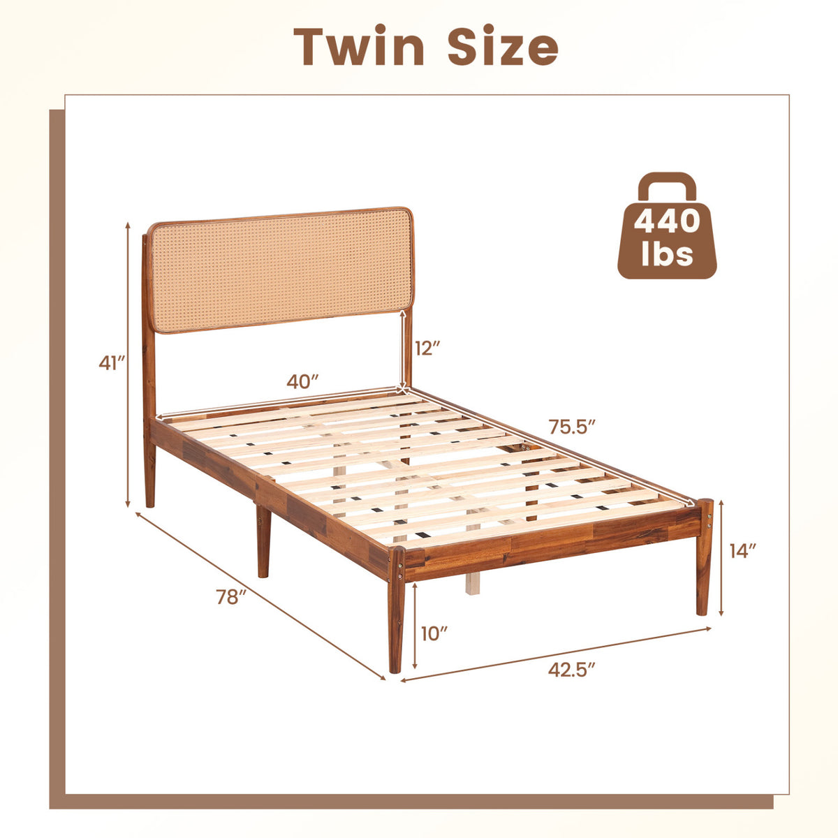 Wooden Boho Rattan Brown Bed Frame with Wooden Slat Support-Simple Bed Frame-DECOROLALA