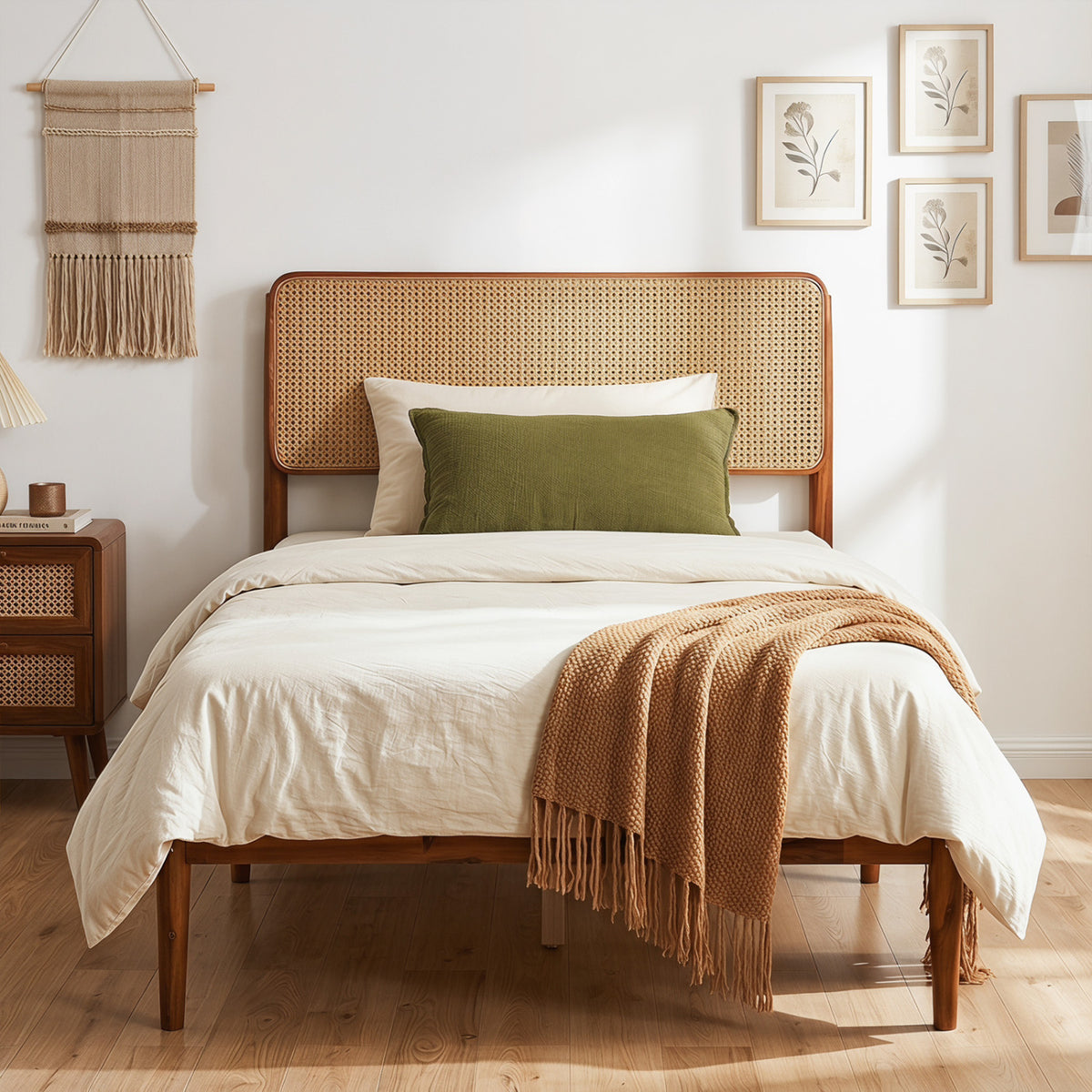 Wooden Boho Rattan Brown Bed Frame with Wooden Slat Support-Simple Bed Frame-DECOROLALA