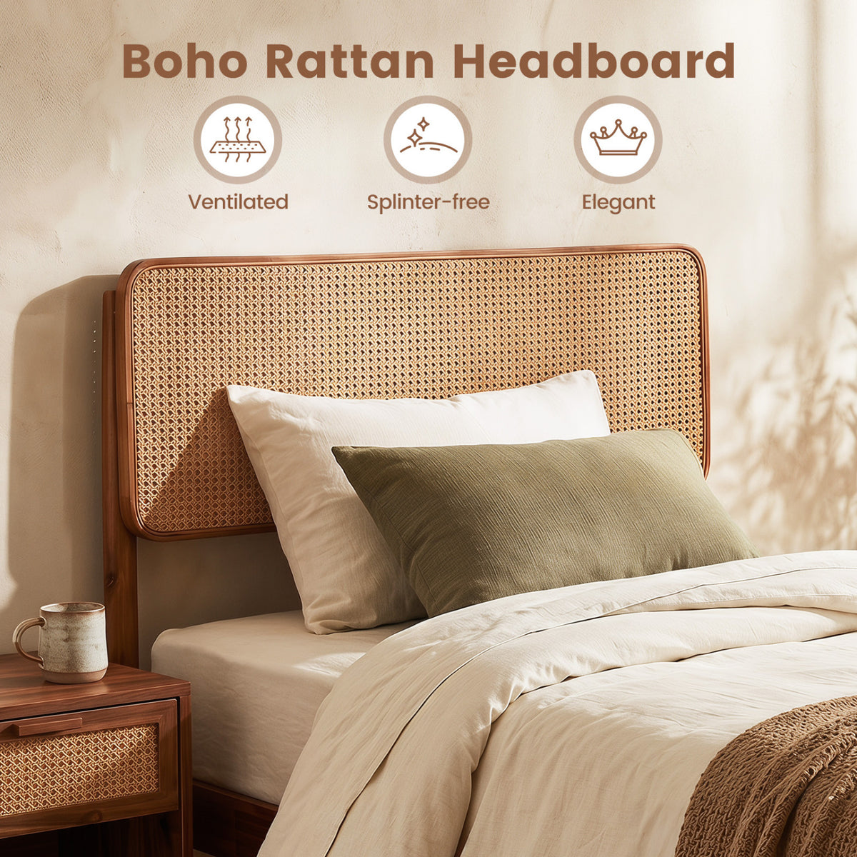 Wooden Boho Rattan Brown Bed Frame with Wooden Slat Support-Simple Bed Frame-DECOROLALA