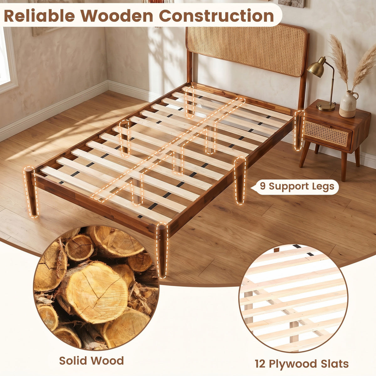 Wooden Boho Rattan Brown Bed Frame with Wooden Slat Support-Simple Bed Frame-DECOROLALA