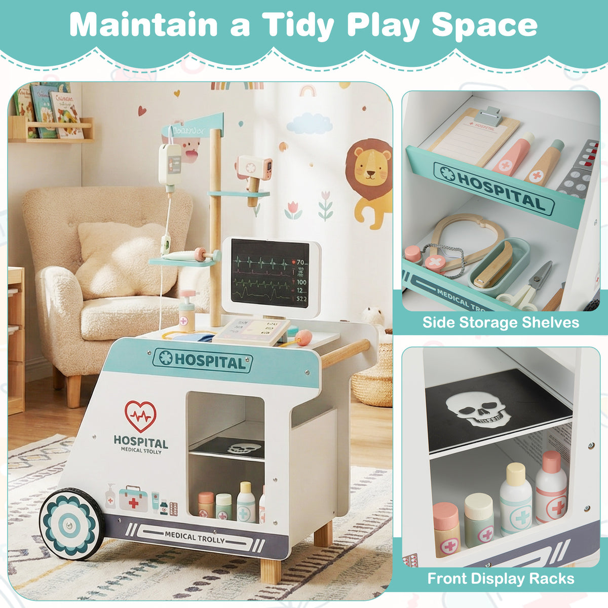 Set de jeu de docteur en bois pour enfants, kit de médecin pour jeux d'imitation avec chariot, cadeau pour tout-petits garçons et filles âgés de 3 ans et plus