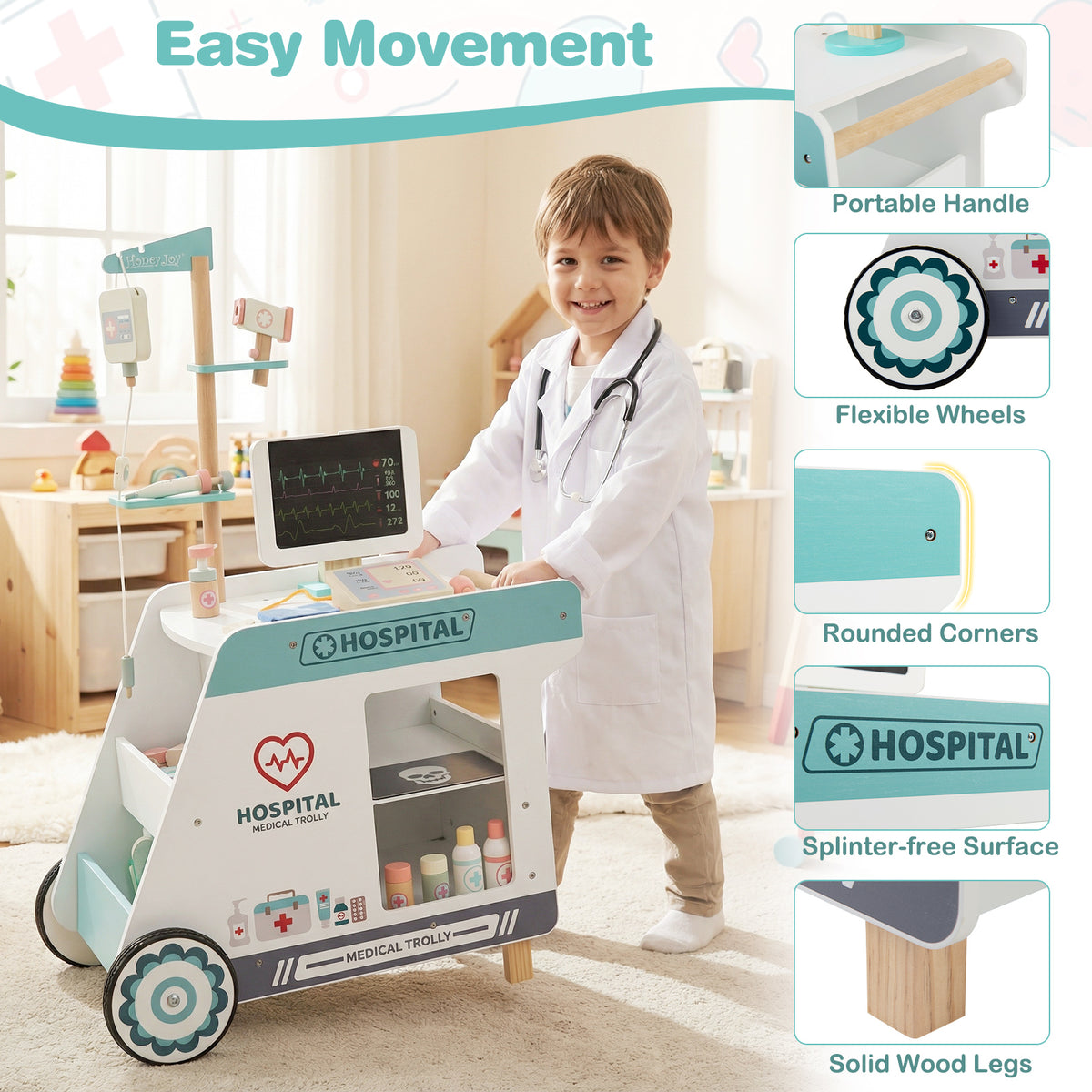 Set de jeu de docteur en bois pour enfants, kit de médecin pour jeux d'imitation avec chariot, cadeau pour tout-petits garçons et filles âgés de 3 ans et plus