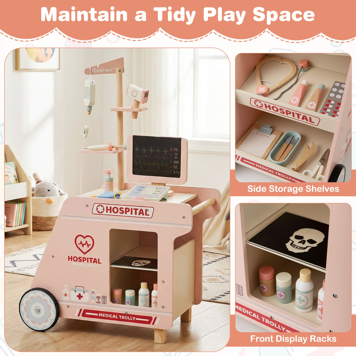 Set de jeu de docteur en bois pour enfants, kit de médecin pour jeux d'imitation avec chariot, cadeau pour tout-petits garçons et filles âgés de 3 ans et plus