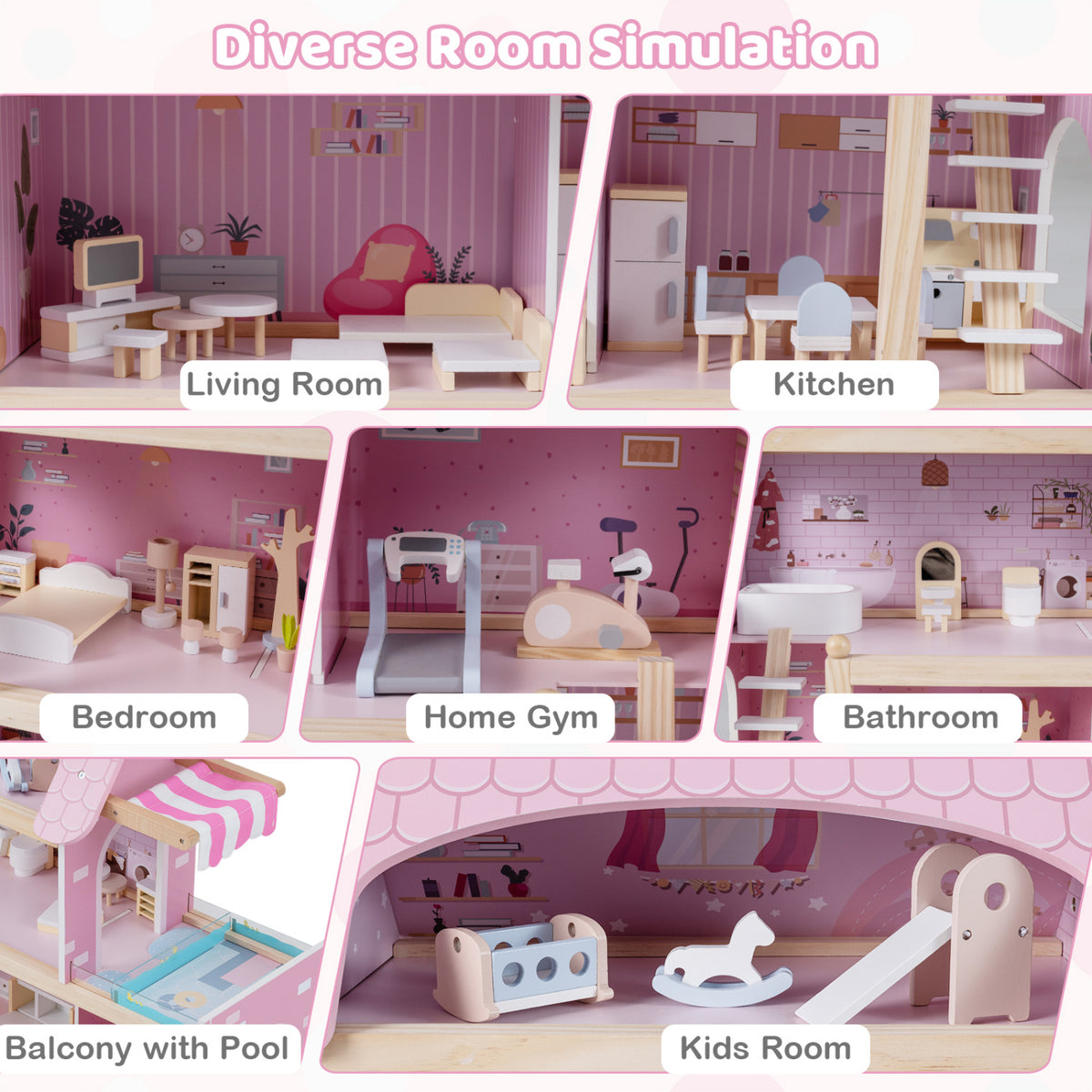 Wooden Dollhouse Kids DIY Pretend Playhouse with 33 PCS Furniture Accessories