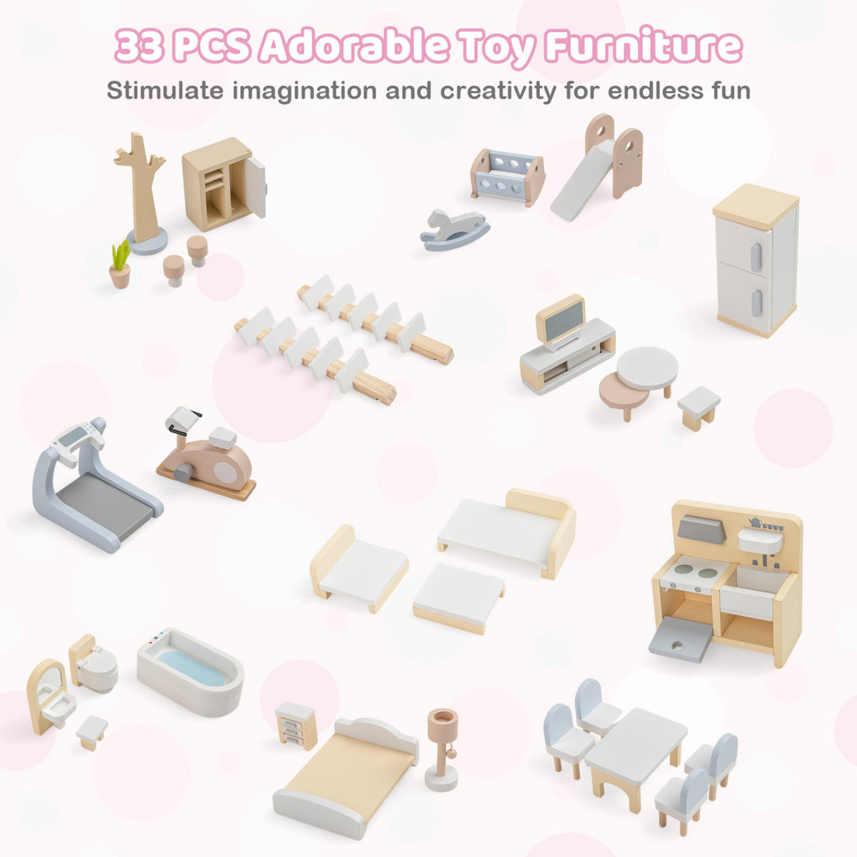 Wooden Dollhouse Kids DIY Pretend Playhouse with 33 PCS Furniture Accessories